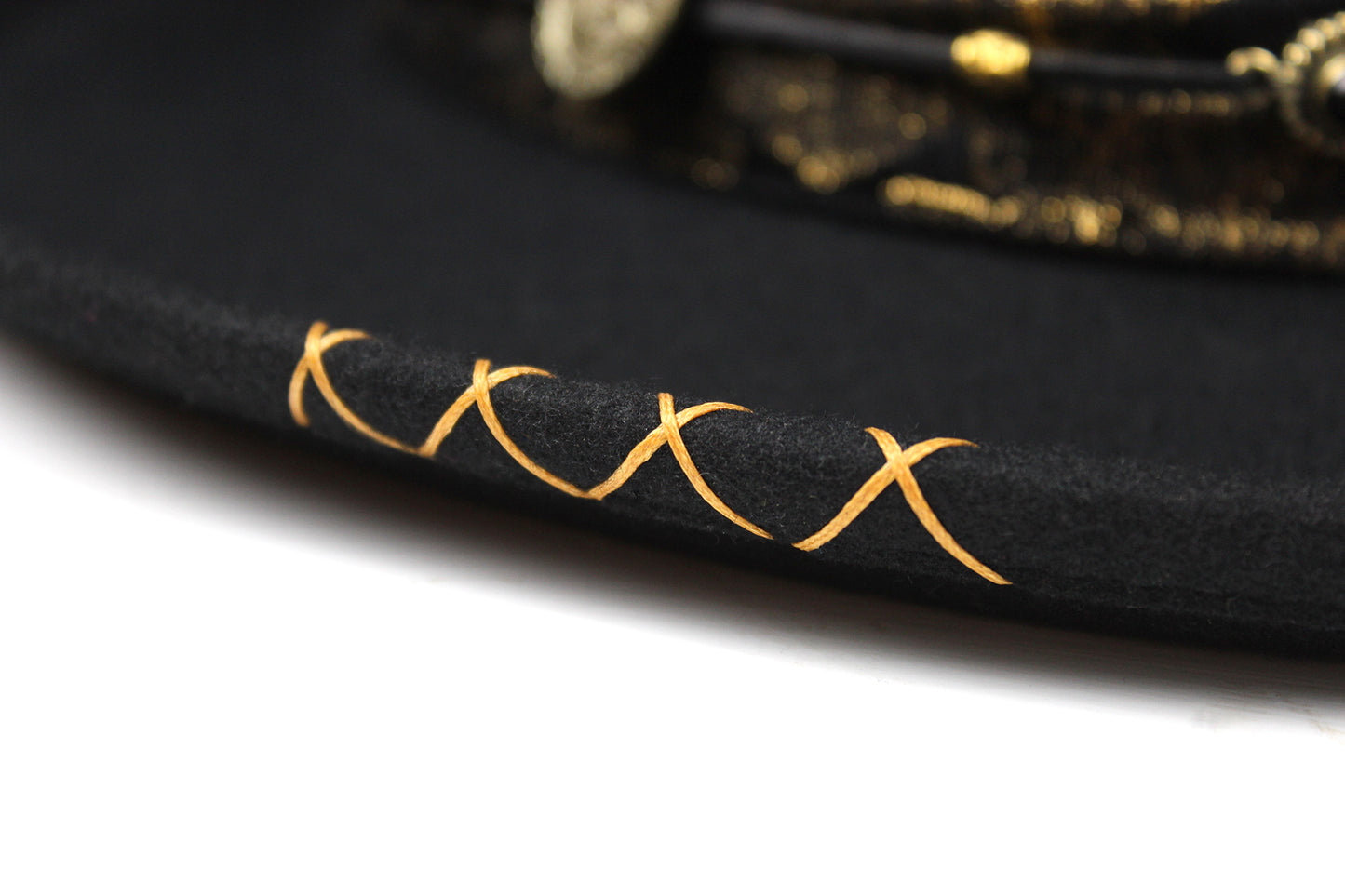 One Off Custom Gambler Hat: Black Wool Felt with gold detailing size Medium 57cm
