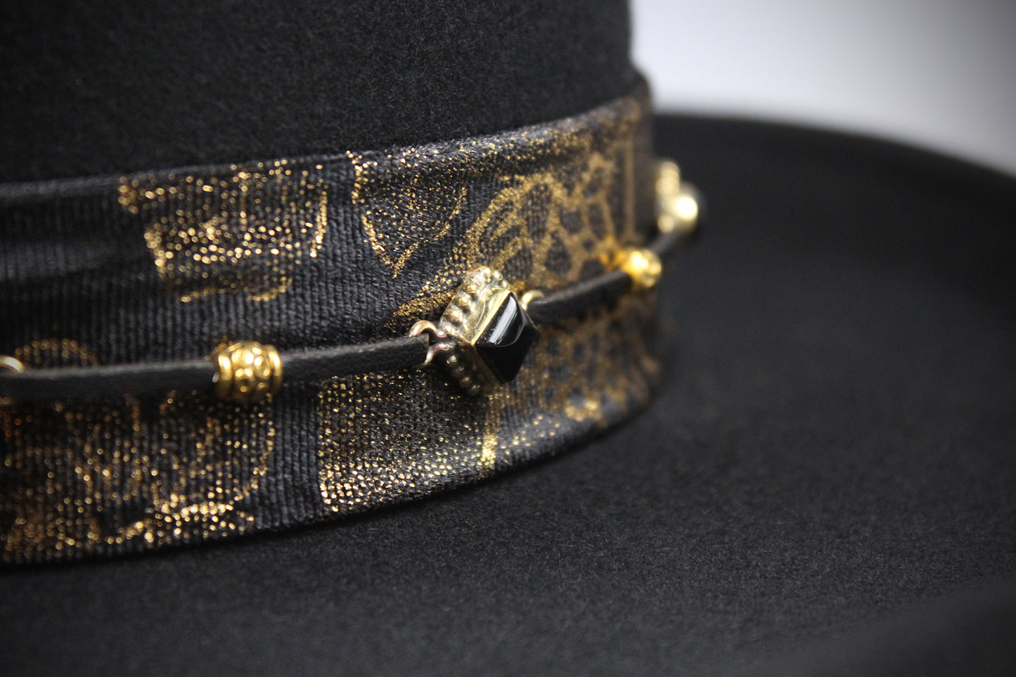 One Off Custom Gambler Hat: Black Wool Felt with gold detailing size Medium 57cm