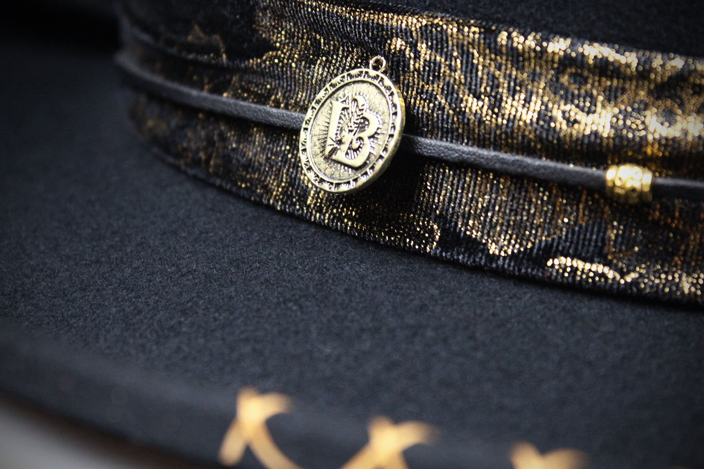 One Off Custom Gambler Hat: Black Wool Felt with gold detailing size Medium 57cm