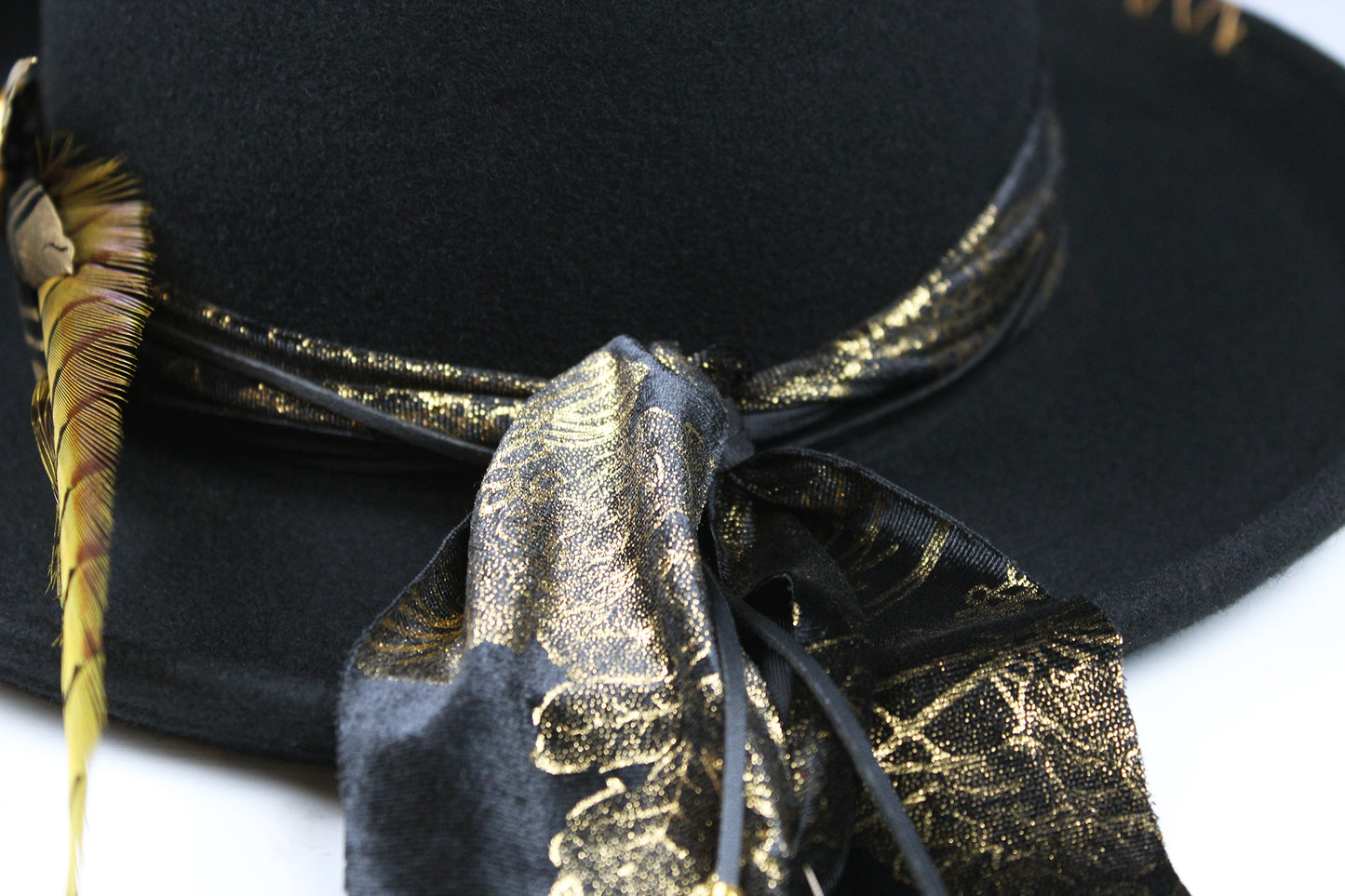 One Off Custom Gambler Hat: Black Wool Felt with gold detailing size Medium 57cm