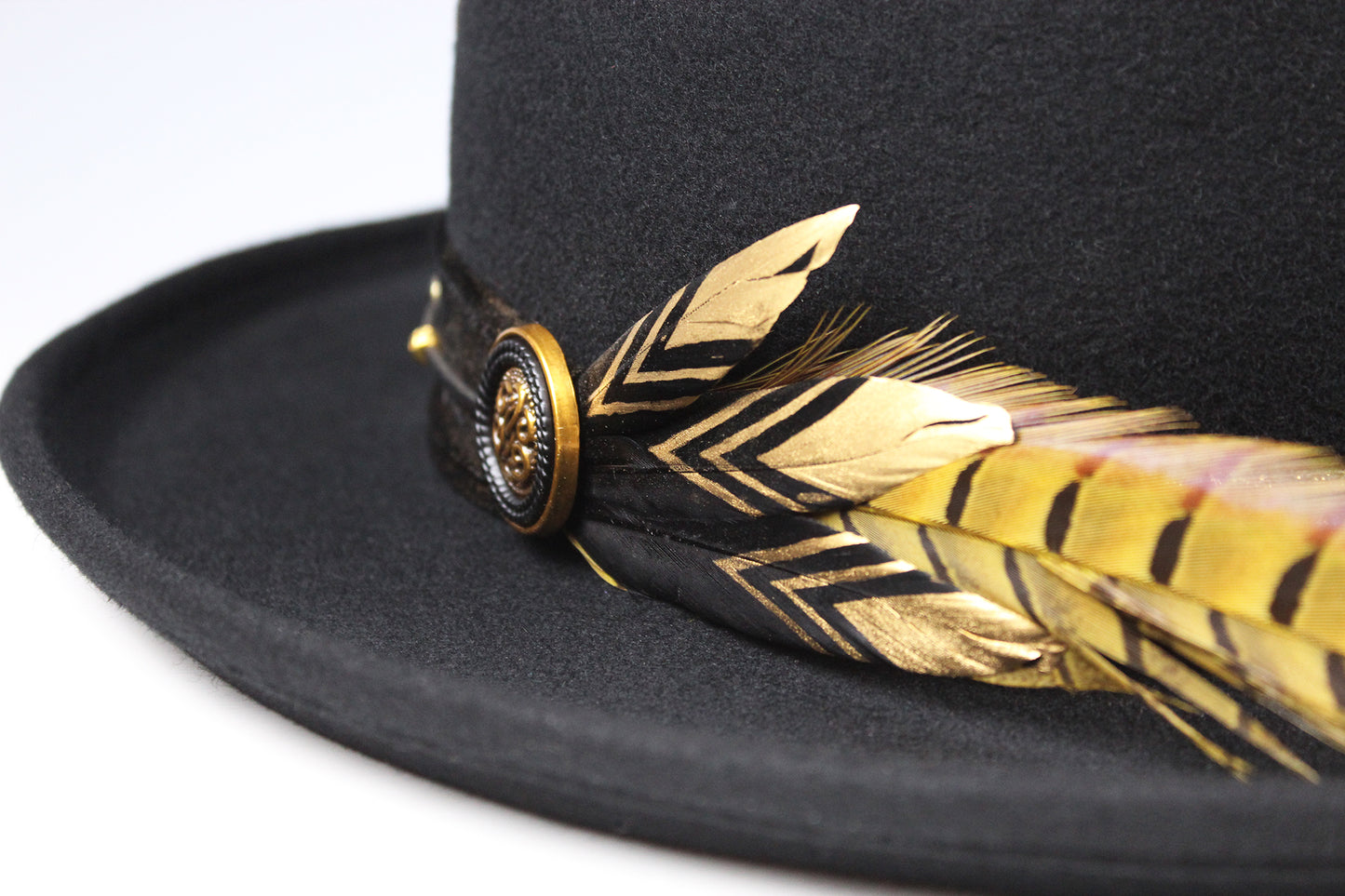 One Off Custom Gambler Hat: Black Wool Felt with gold detailing size Medium 57cm