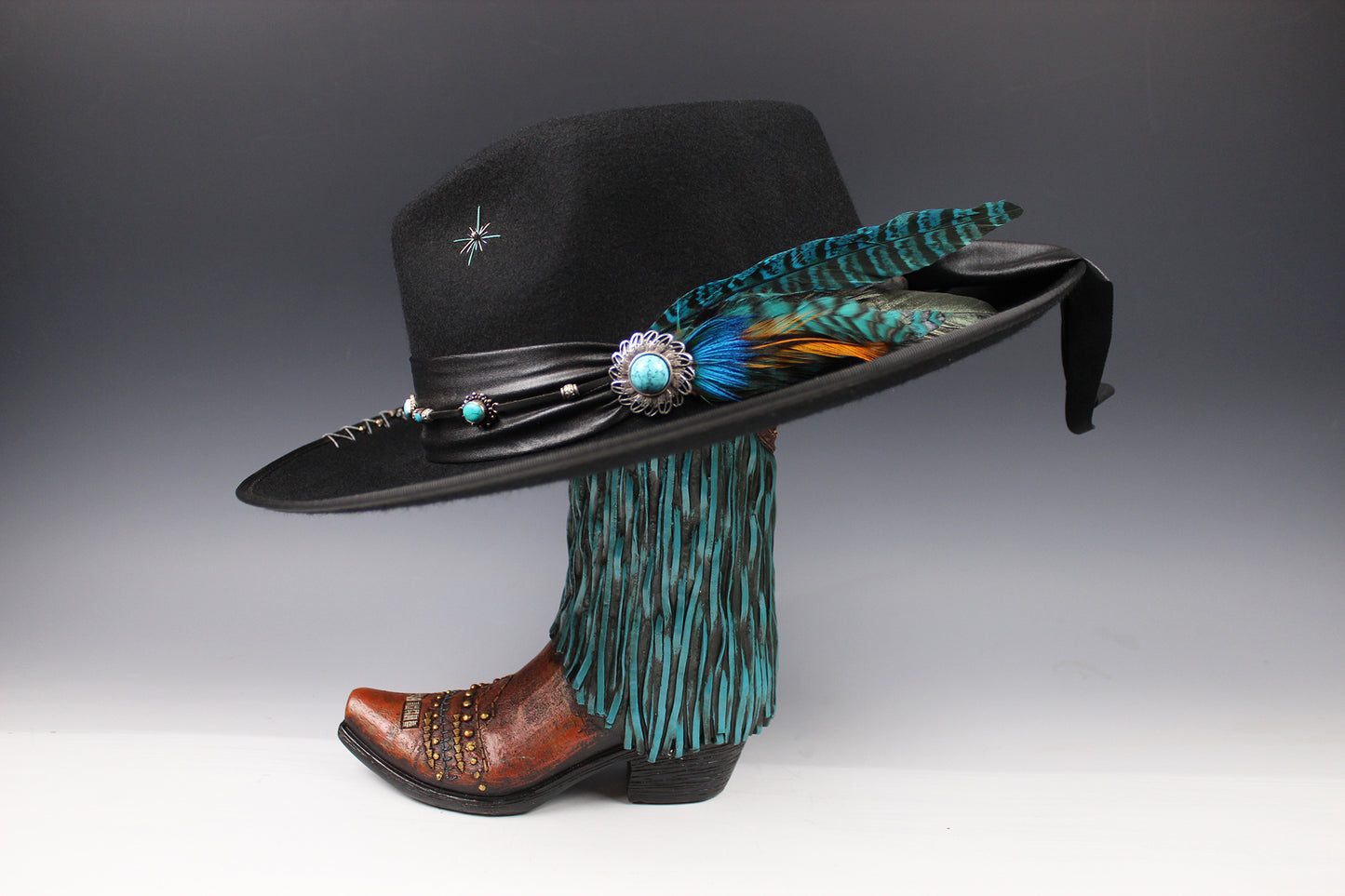 One Off Custom Fedora: Wool Felt Cowboy Fedora Hat with Turquoise detailing Size Large 59cm