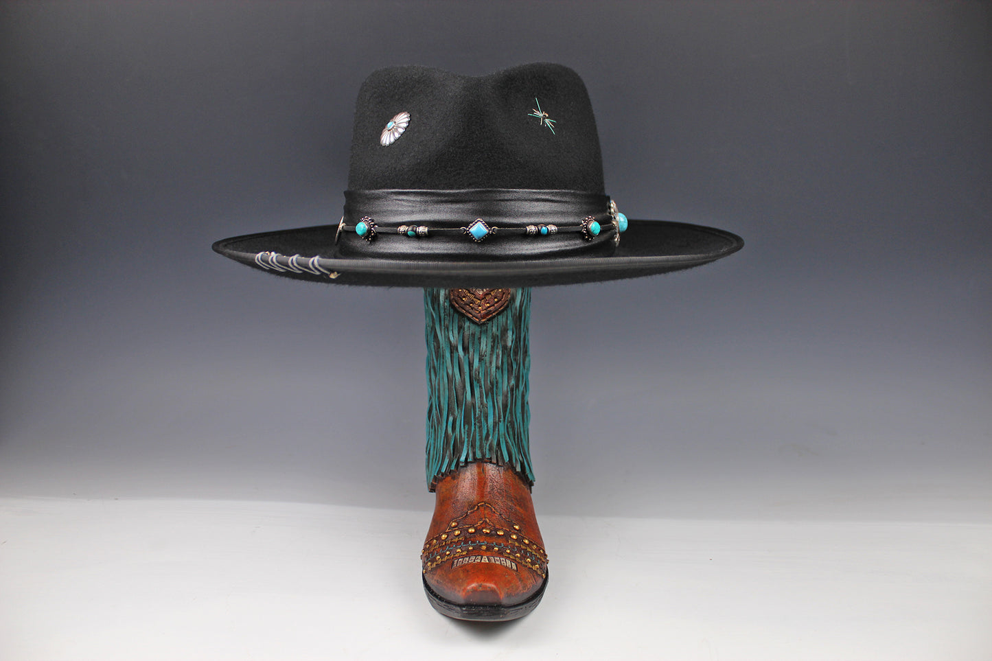 One Off Custom Fedora: Wool Felt Cowboy Fedora Hat with Turquoise detailing Size Large 59cm