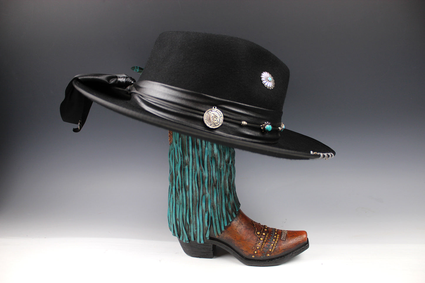 One Off Custom Fedora: Wool Felt Cowboy Fedora Hat with Turquoise detailing Size Large 59cm