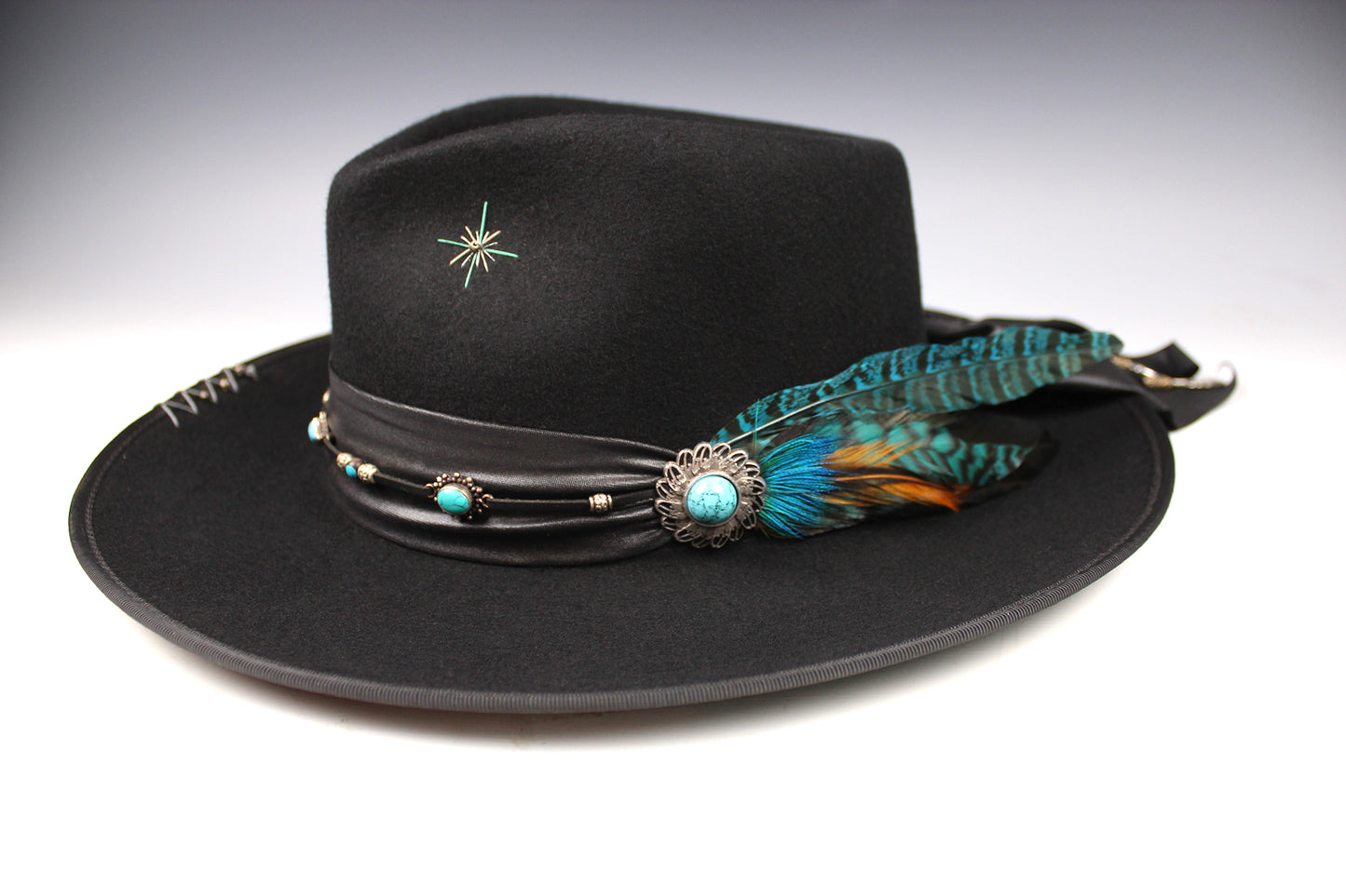 One Off Custom Fedora: Wool Felt Cowboy Fedora Hat with Turquoise detailing Size Large 59cm