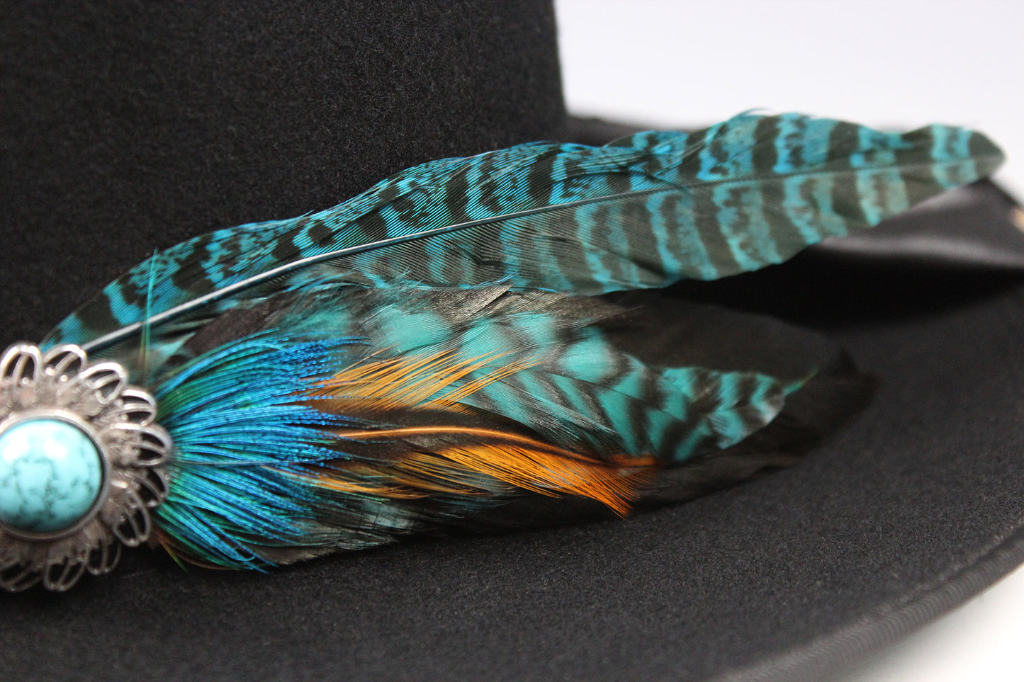 One Off Custom Fedora: Wool Felt Cowboy Fedora Hat with Turquoise detailing Size Large 59cm