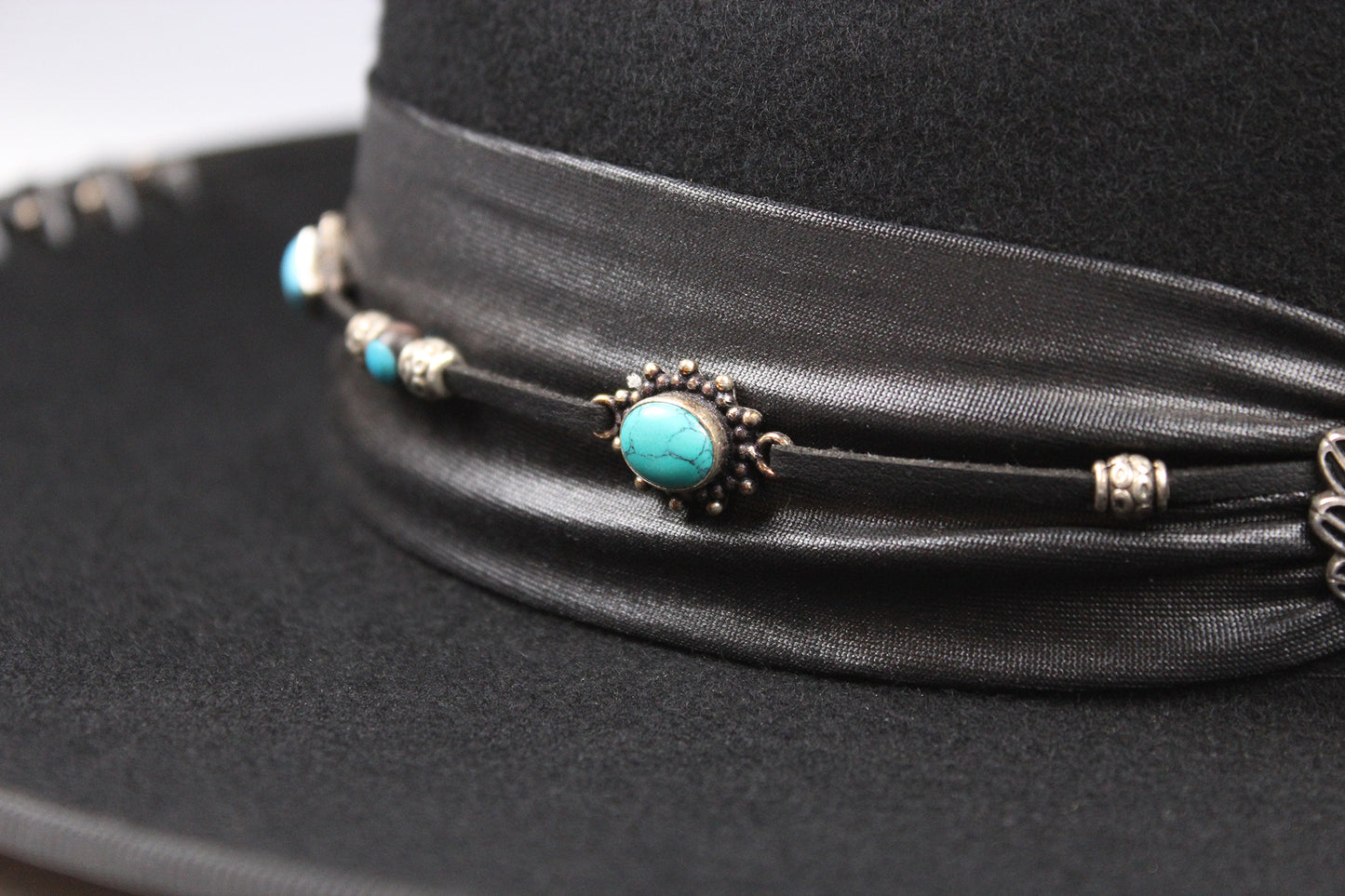 One Off Custom Fedora: Wool Felt Cowboy Fedora Hat with Turquoise detailing Size Large 59cm