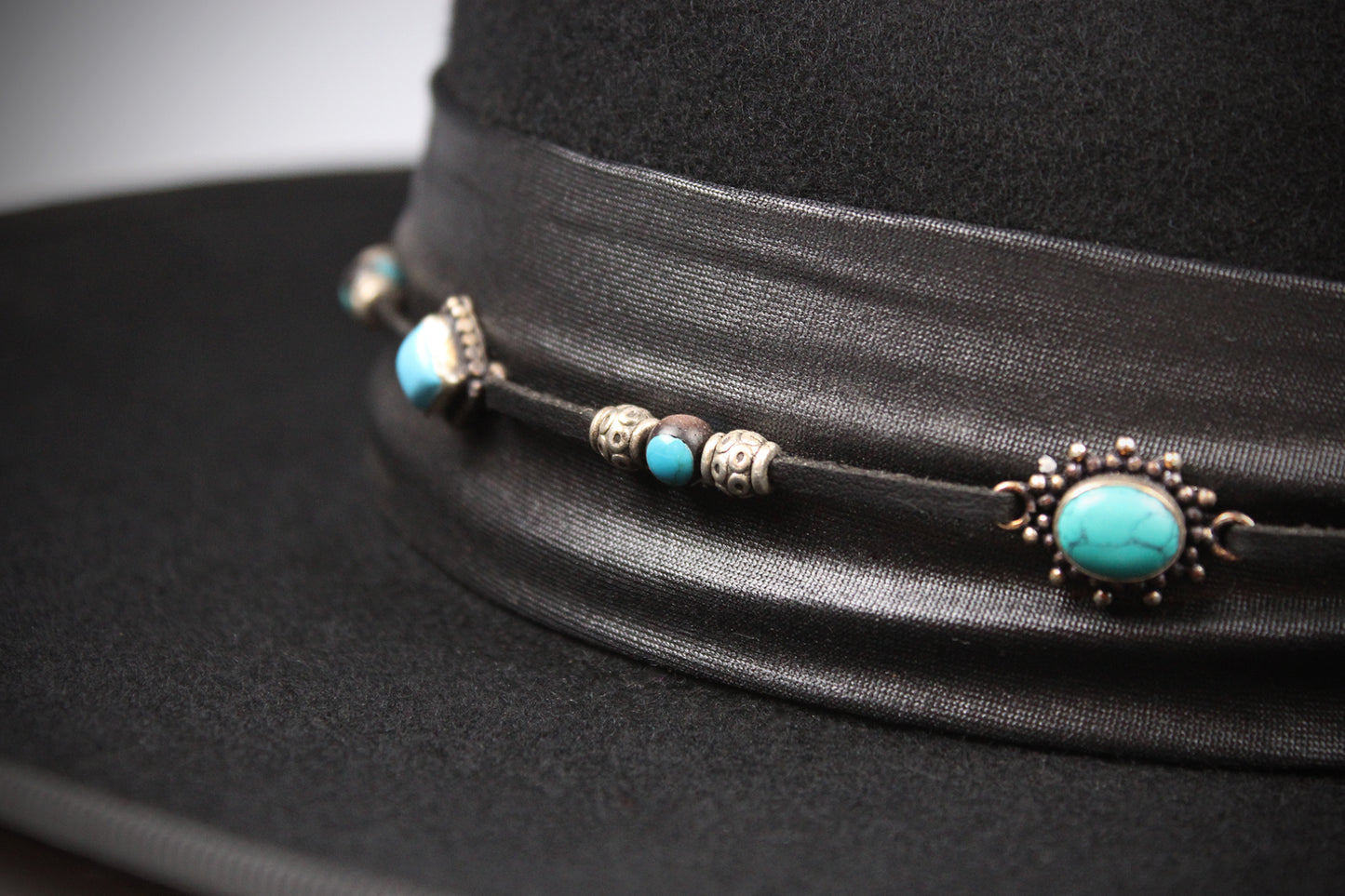 One Off Custom Fedora: Wool Felt Cowboy Fedora Hat with Turquoise detailing Size Large 59cm