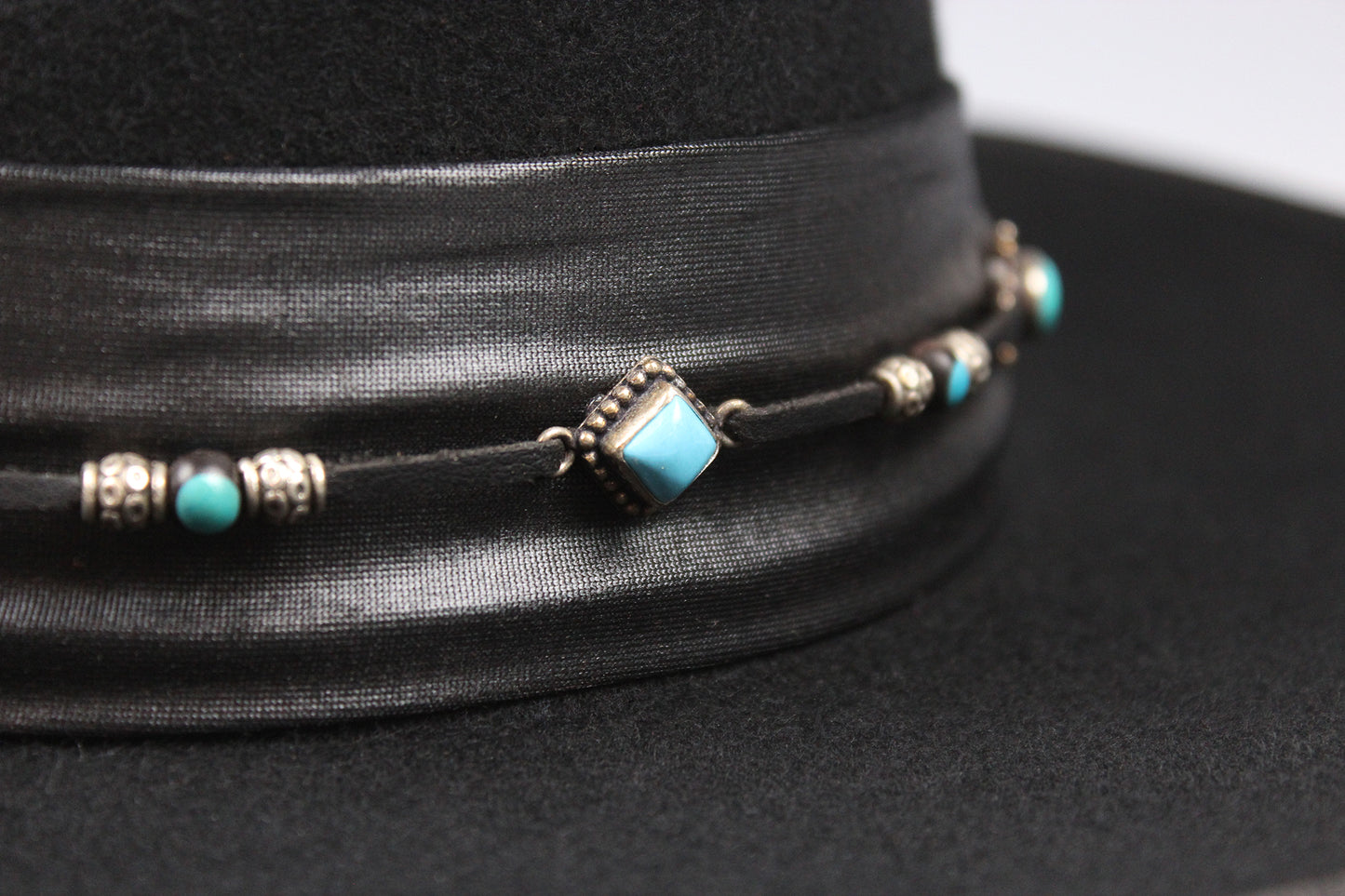 One Off Custom Fedora: Wool Felt Cowboy Fedora Hat with Turquoise detailing Size Large 59cm