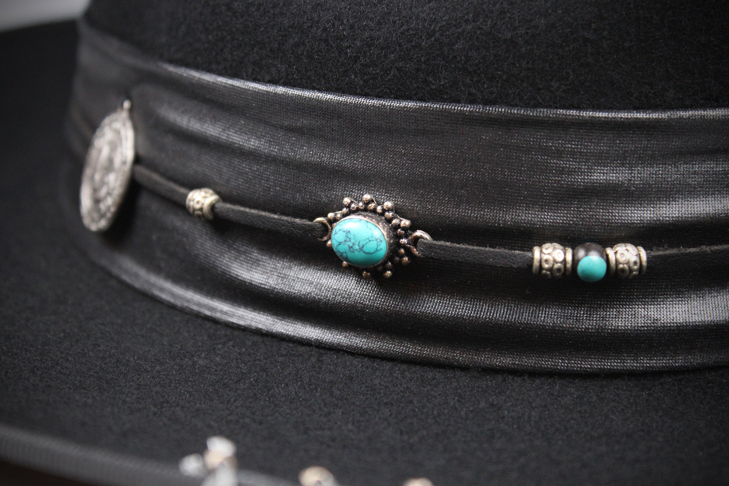 One Off Custom Fedora: Wool Felt Cowboy Fedora Hat with Turquoise detailing Size Large 59cm