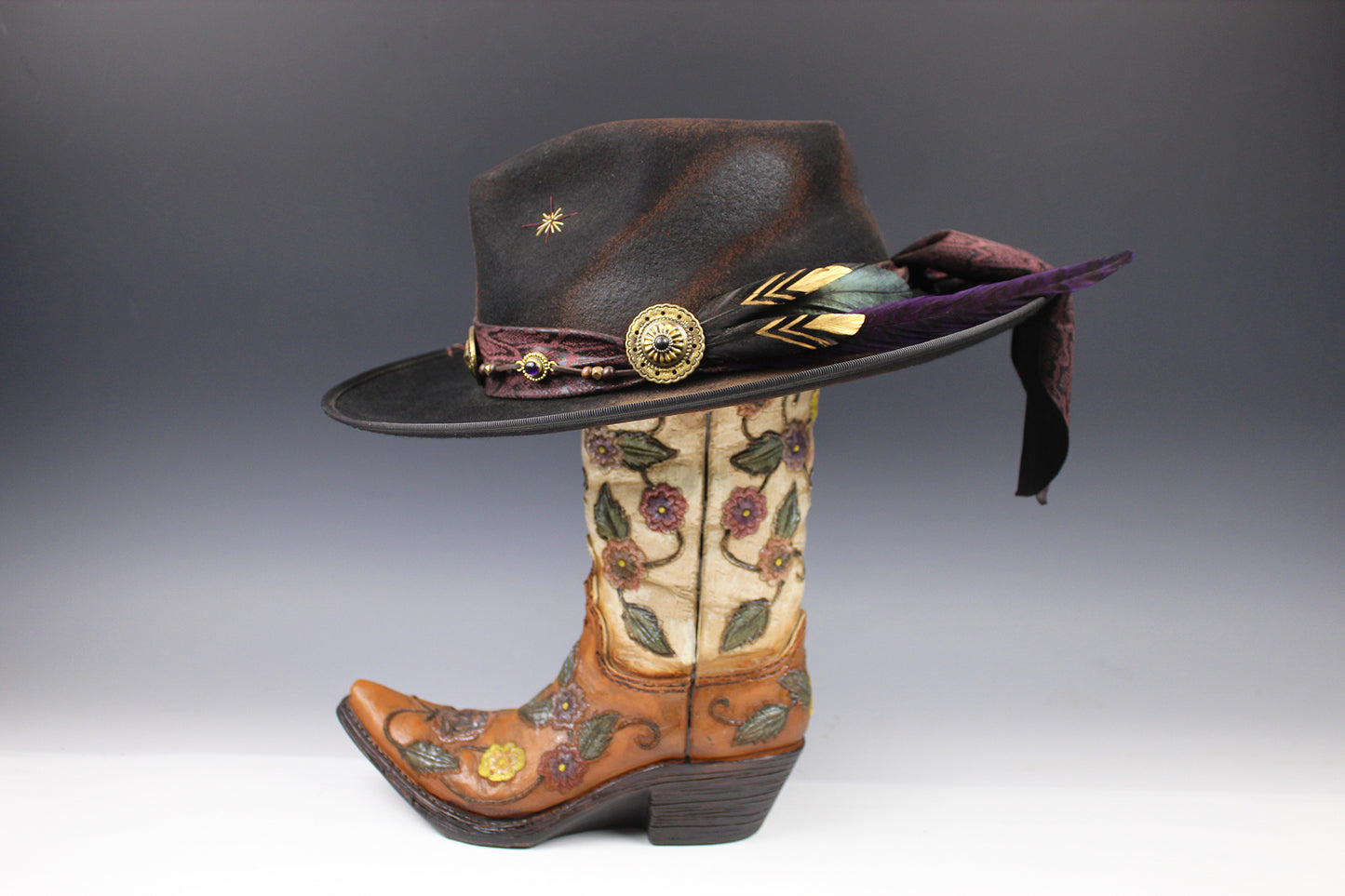 One Off Custom Fedora Hat: Black with Distressed Effect Wool Felt with gold detailing size Medium 57cm