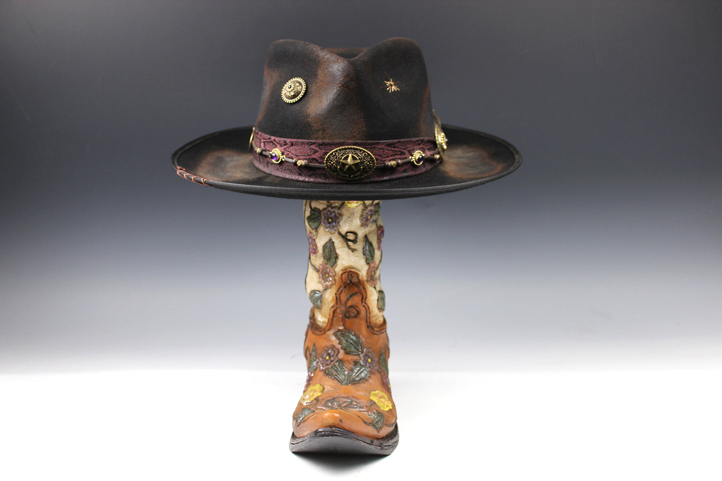 One Off Custom Fedora Hat: Black with Distressed Effect Wool Felt with gold detailing size Medium 57cm
