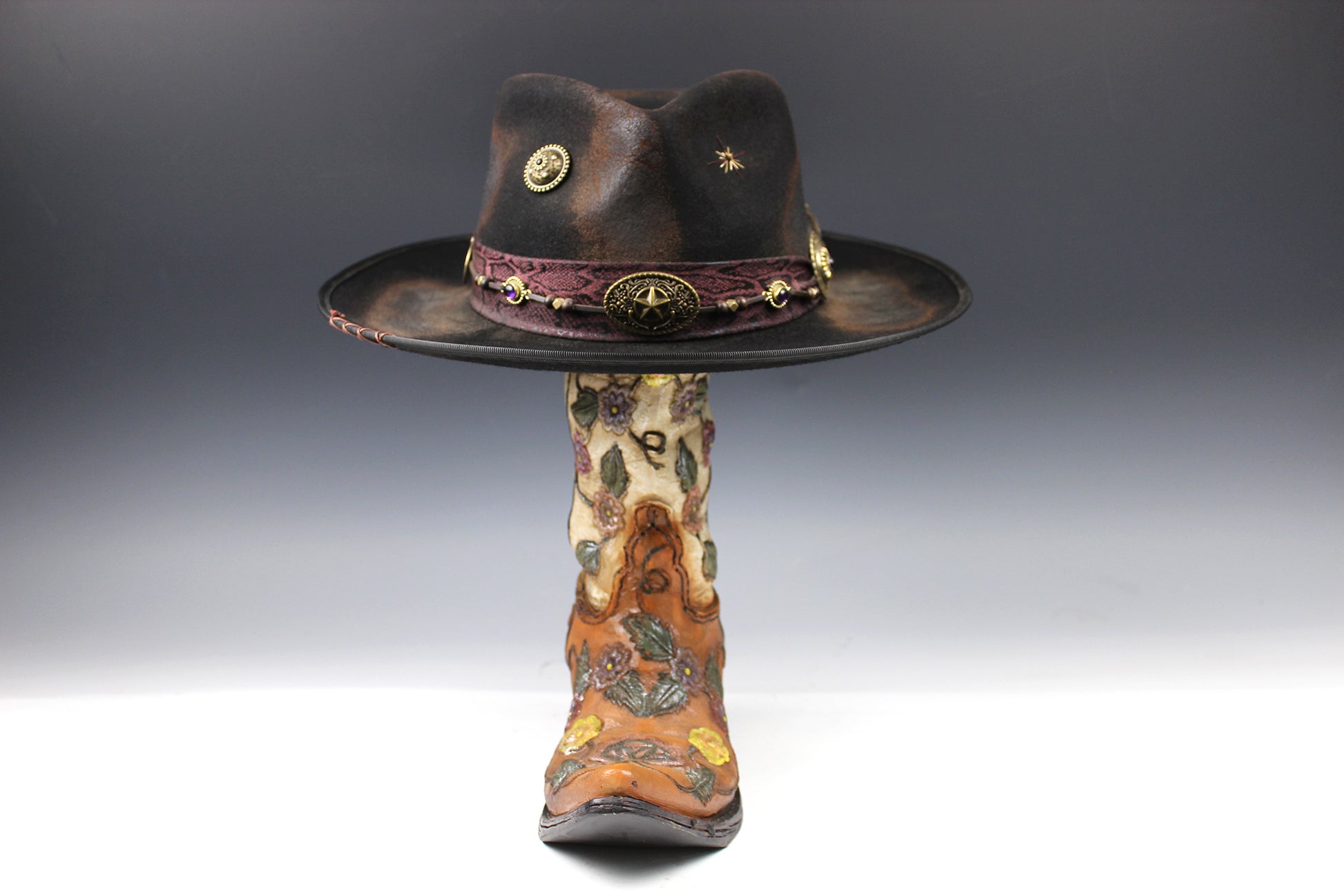One Off Custom Fedora Hat: Black with Distressed Effect Wool Felt with gold detailing size Medium 57cm