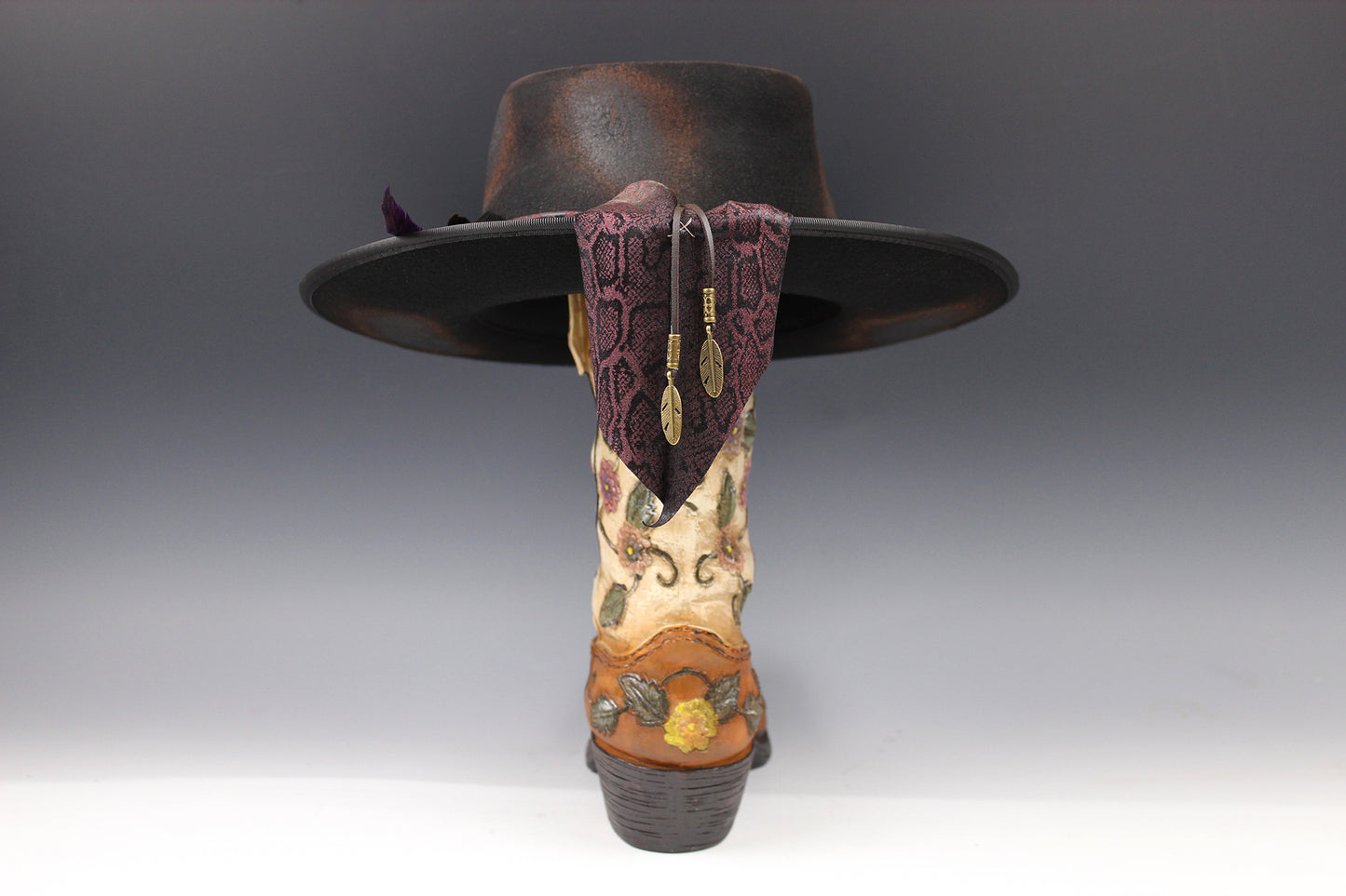 One Off Custom Fedora Hat: Black with Distressed Effect Wool Felt with gold detailing size Medium 57cm