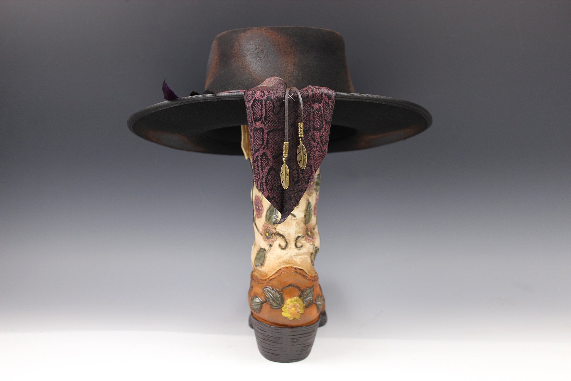 One Off Custom Fedora Hat: Black with Distressed Effect Wool Felt with gold detailing size Medium 57cm