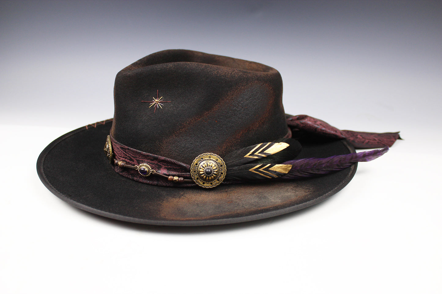 One Off Custom Fedora Hat: Black with Distressed Effect Wool Felt with gold detailing size Medium 57cm
