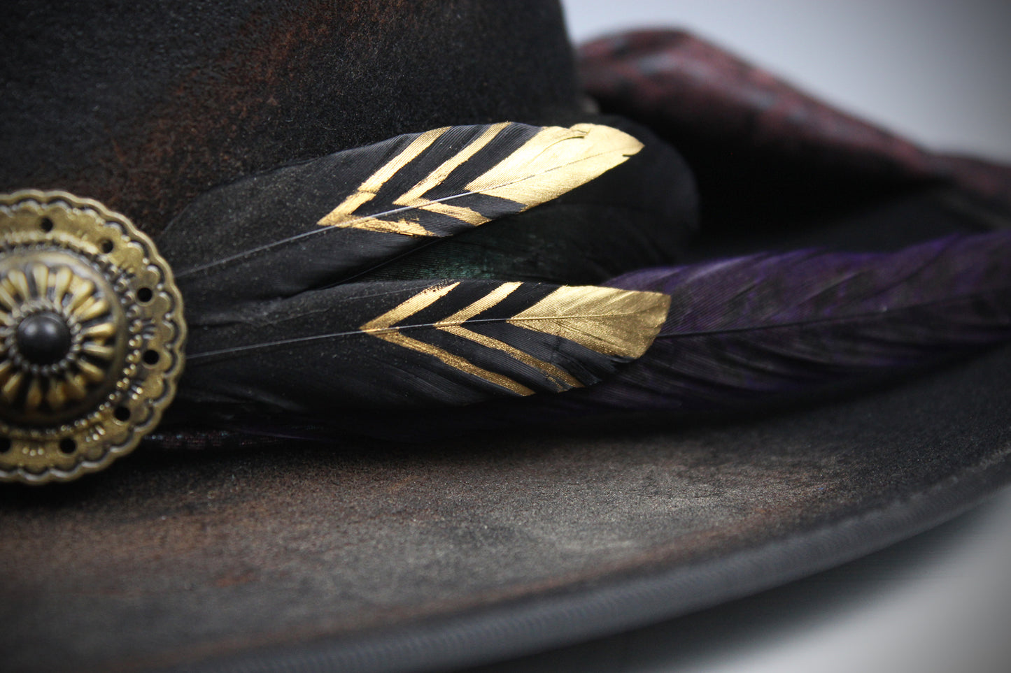 One Off Custom Fedora Hat: Black with Distressed Effect Wool Felt with gold detailing size Medium 57cm