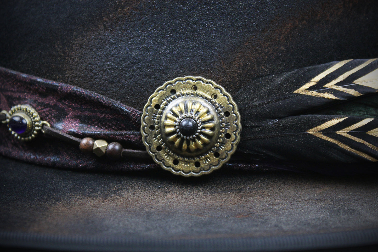 One Off Custom Fedora Hat: Black with Distressed Effect Wool Felt with gold detailing size Medium 57cm