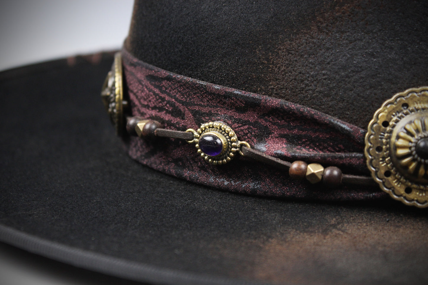 One Off Custom Fedora Hat: Black with Distressed Effect Wool Felt with gold detailing size Medium 57cm