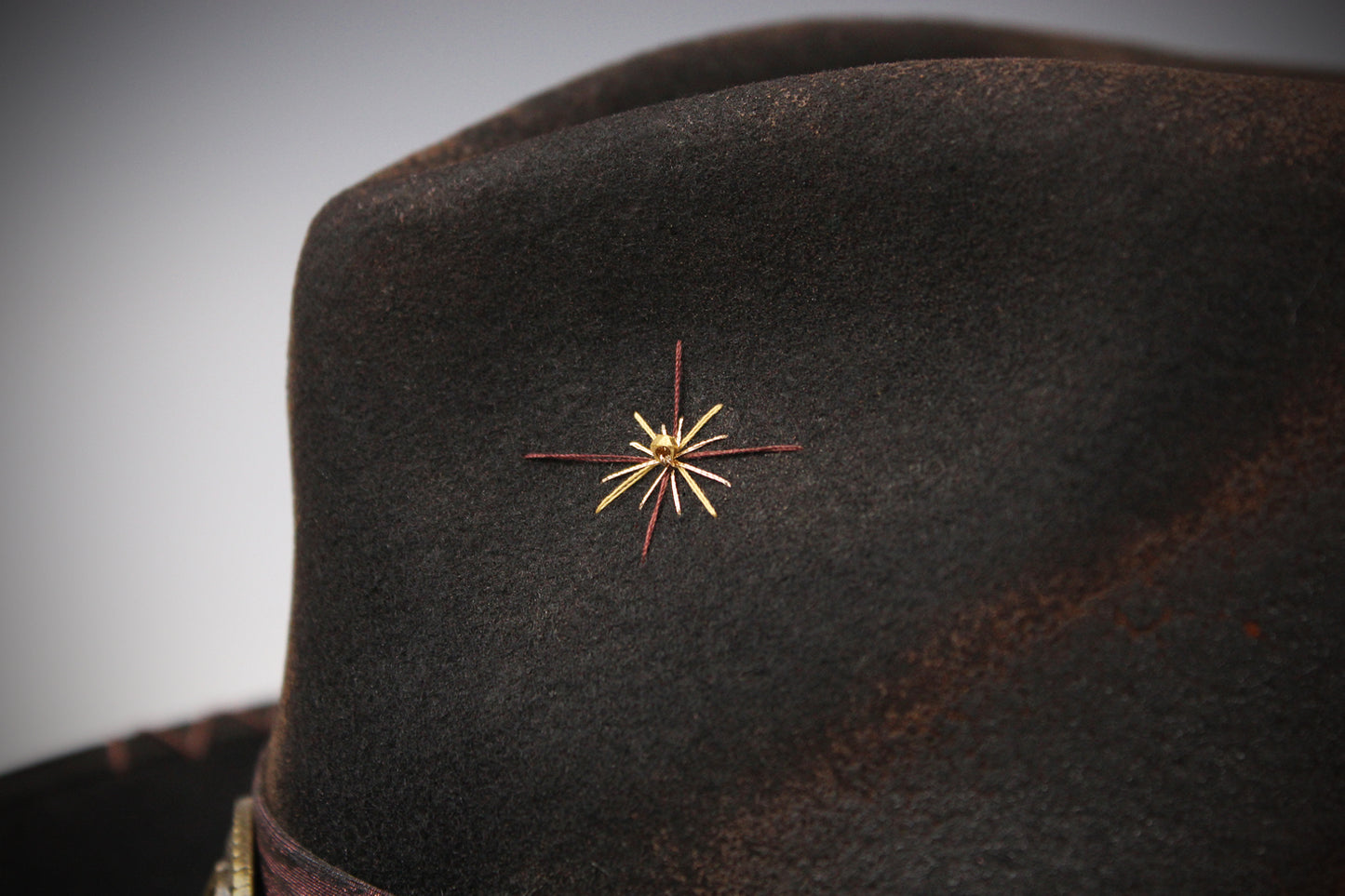 One Off Custom Fedora Hat: Black with Distressed Effect Wool Felt with gold detailing size Medium 57cm