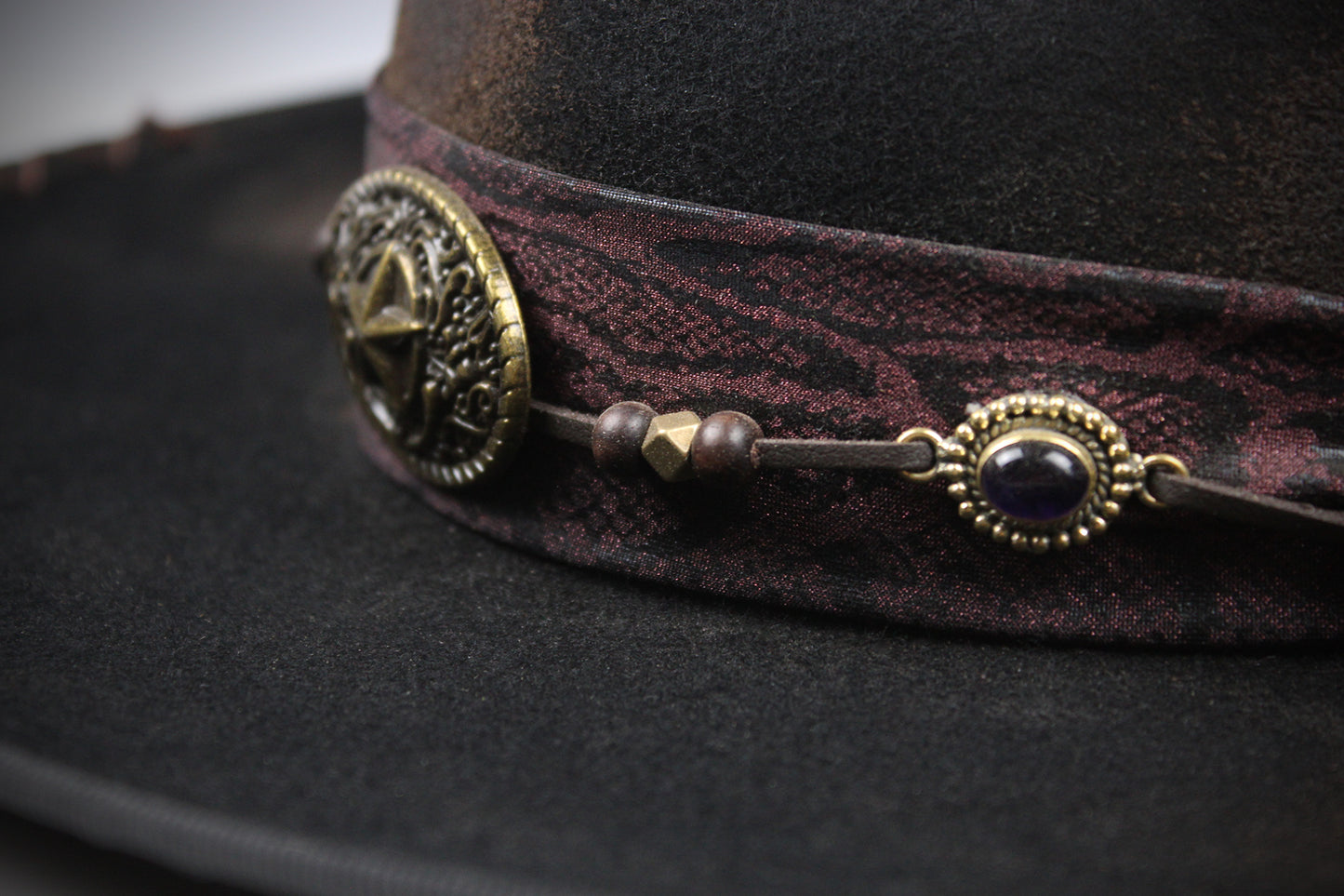 One Off Custom Fedora Hat: Black with Distressed Effect Wool Felt with gold detailing size Medium 57cm