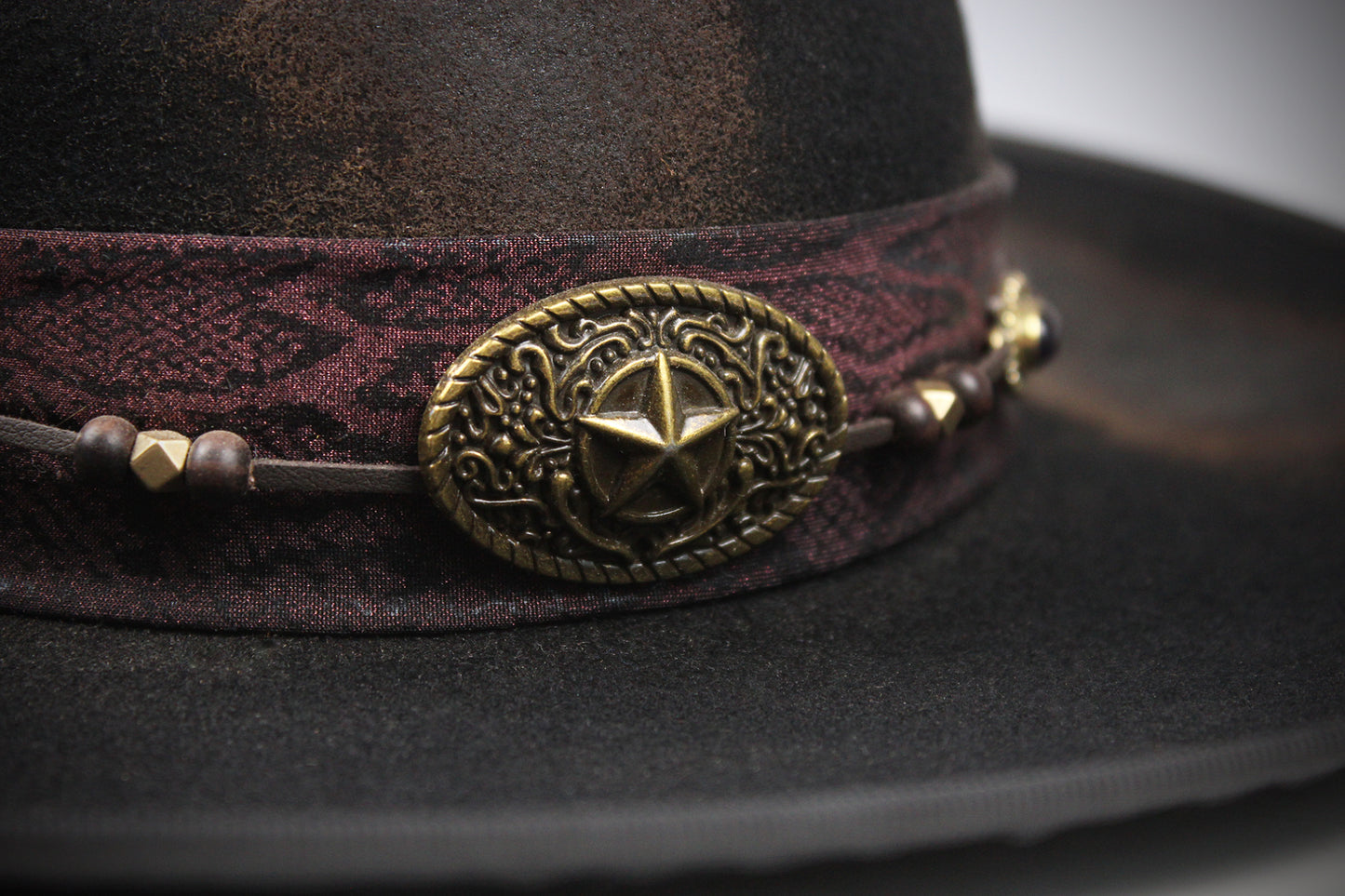 One Off Custom Fedora Hat: Black with Distressed Effect Wool Felt with gold detailing size Medium 57cm