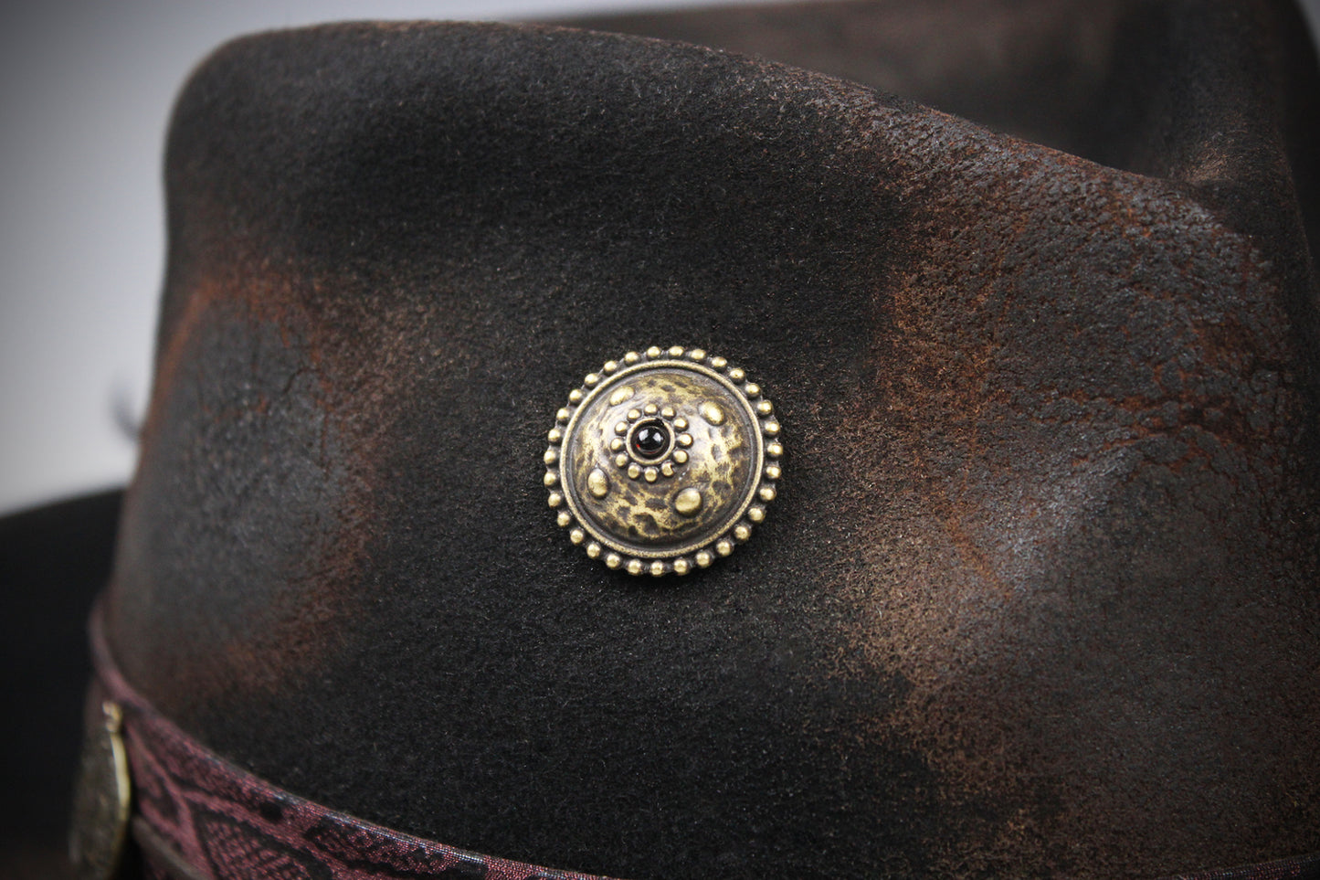 One Off Custom Fedora Hat: Black with Distressed Effect Wool Felt with gold detailing size Medium 57cm