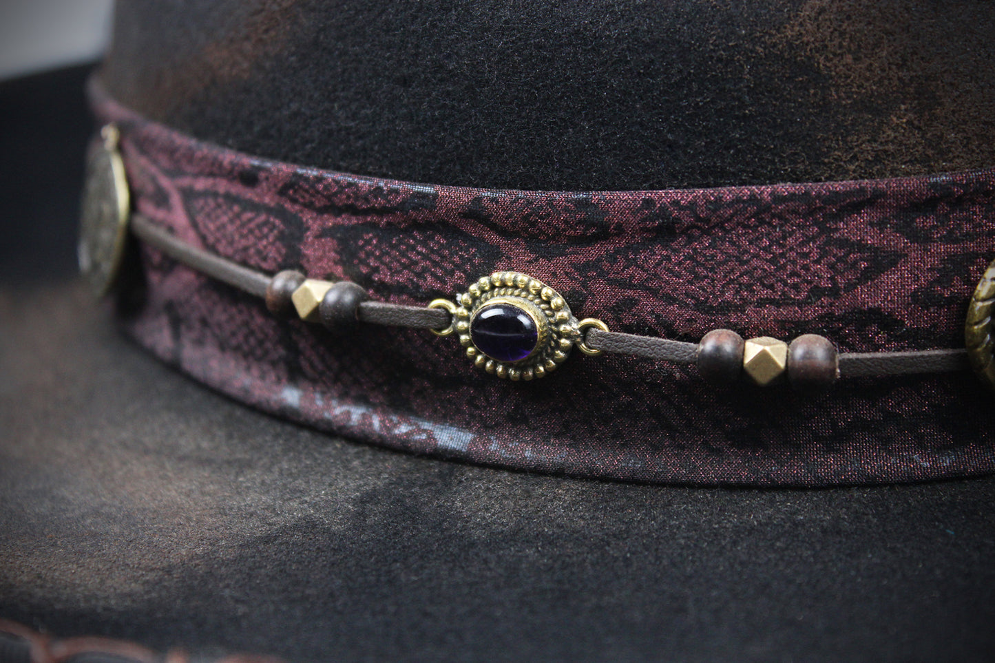 One Off Custom Fedora Hat: Black with Distressed Effect Wool Felt with gold detailing size Medium 57cm