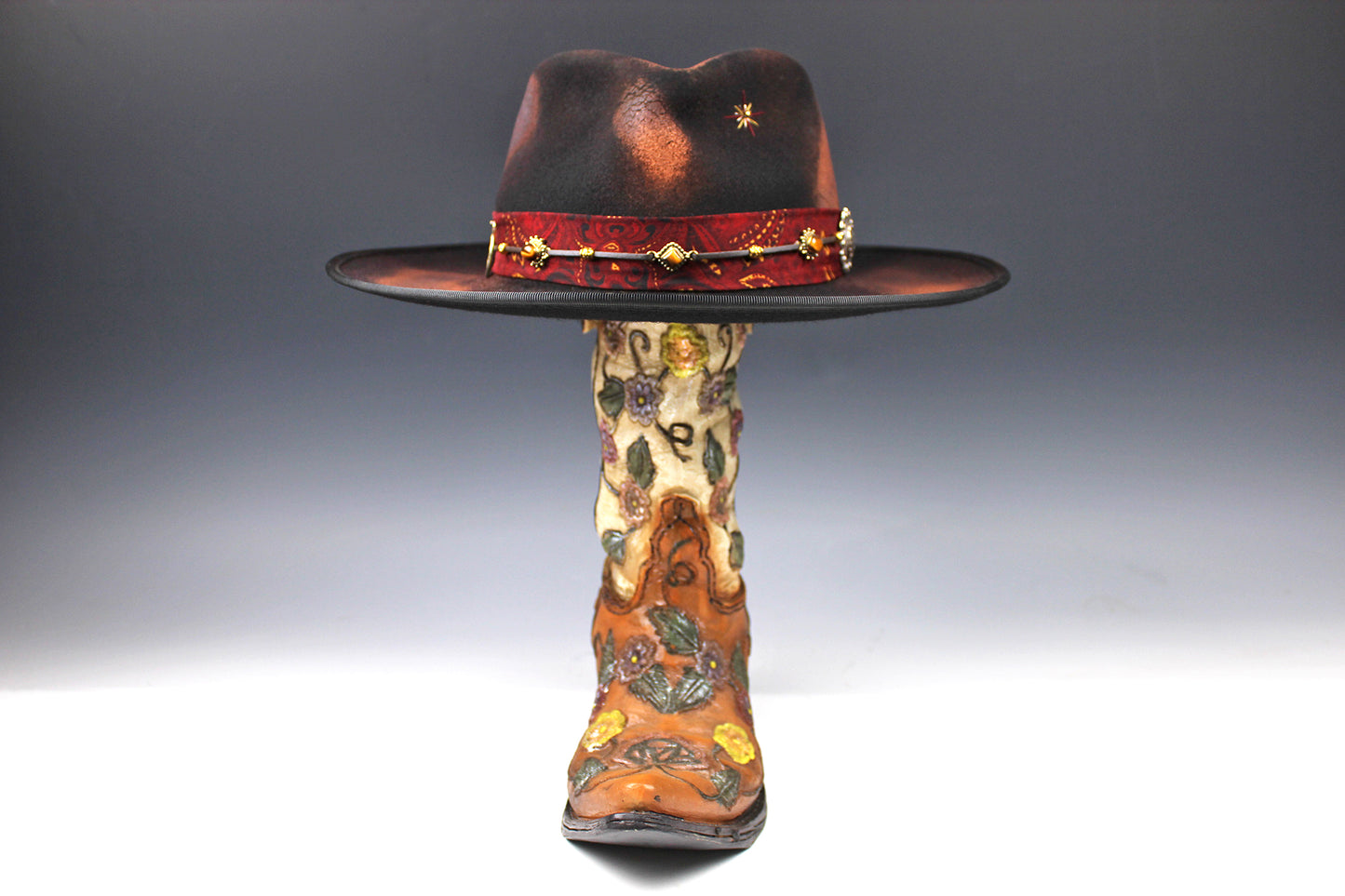 One Off Custom Fedora Hat: Black & Brown with Distressed Effect Wool Felt with gold detailing & paisley silk hat band size Small 55cm