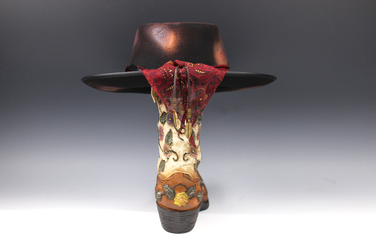 One Off Custom Fedora Hat: Black & Brown with Distressed Effect Wool Felt with gold detailing & paisley silk hat band size Small 55cm