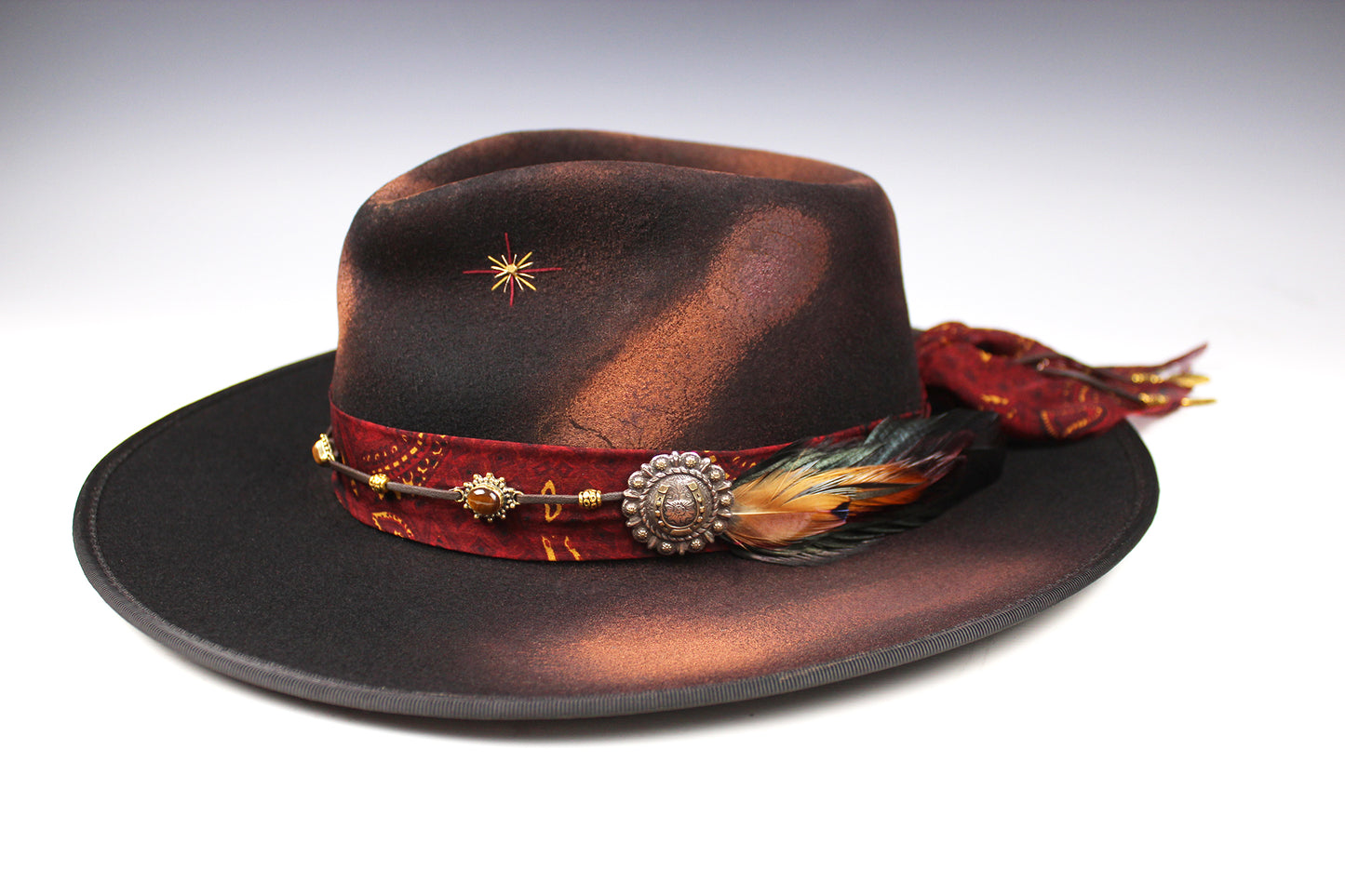 One Off Custom Fedora Hat: Black & Brown with Distressed Effect Wool Felt with gold detailing & paisley silk hat band size Small 55cm