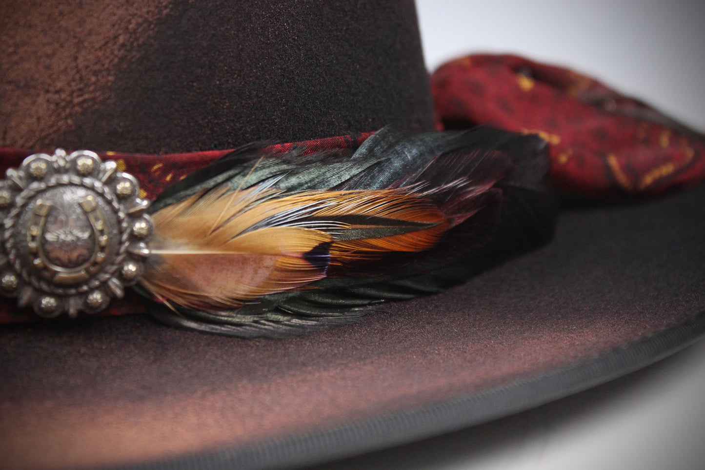 One Off Custom Fedora Hat: Black & Brown with Distressed Effect Wool Felt with gold detailing & paisley silk hat band size Small 55cm