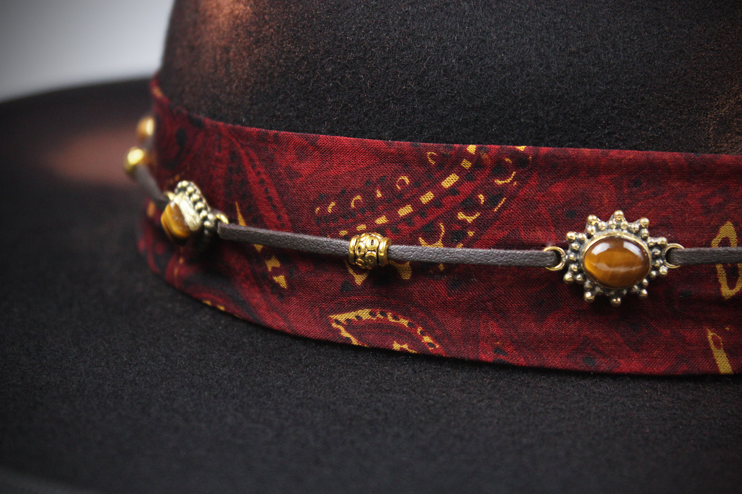 One Off Custom Fedora Hat: Black & Brown with Distressed Effect Wool Felt with gold detailing & paisley silk hat band size Small 55cm