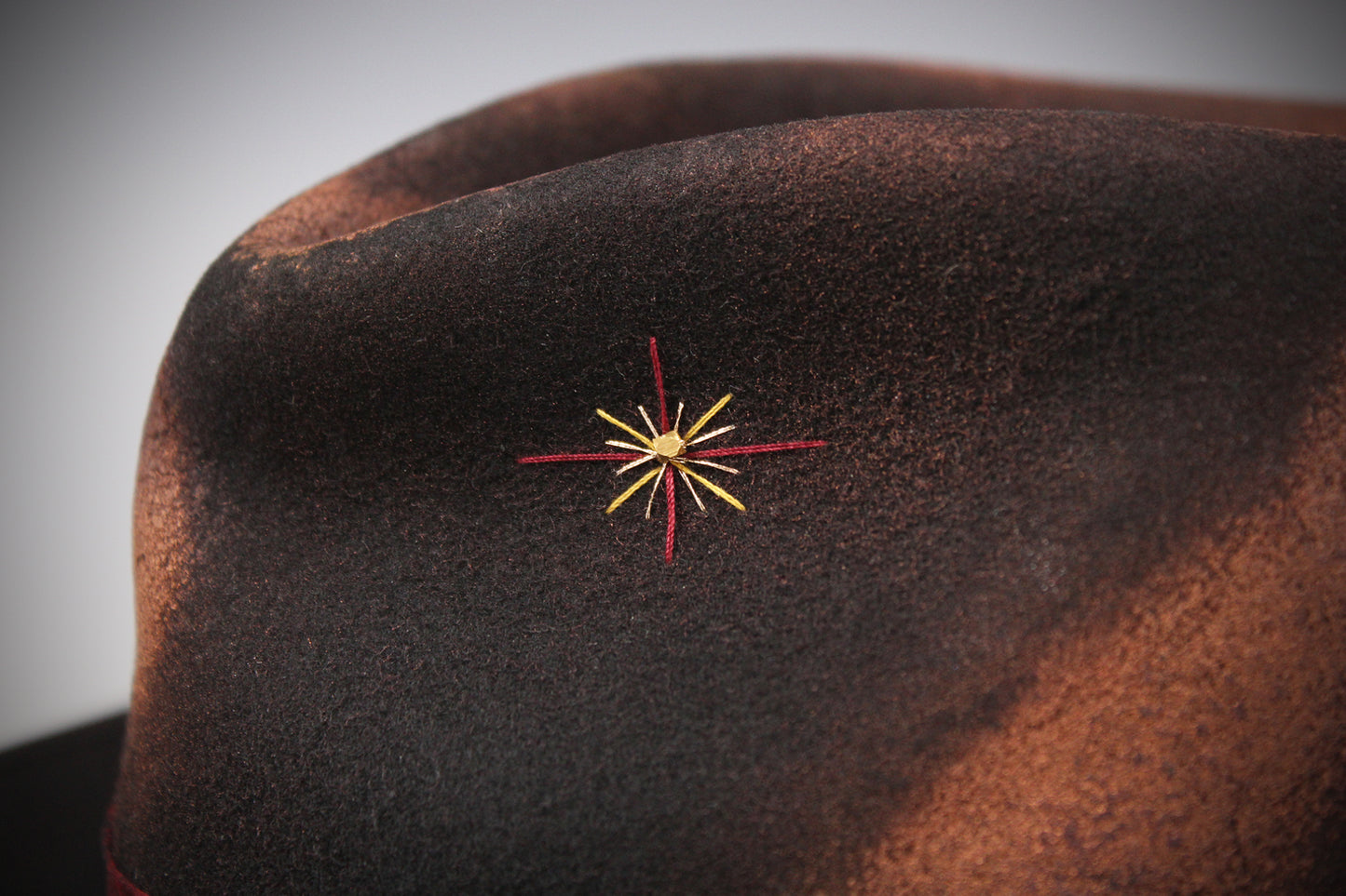 One Off Custom Fedora Hat: Black & Brown with Distressed Effect Wool Felt with gold detailing & paisley silk hat band size Small 55cm