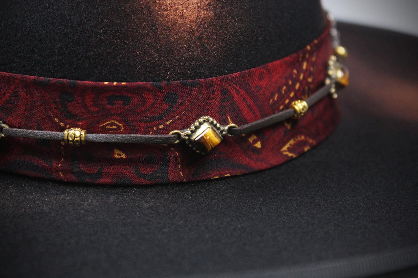 One Off Custom Fedora Hat: Black & Brown with Distressed Effect Wool Felt with gold detailing & paisley silk hat band size Small 55cm