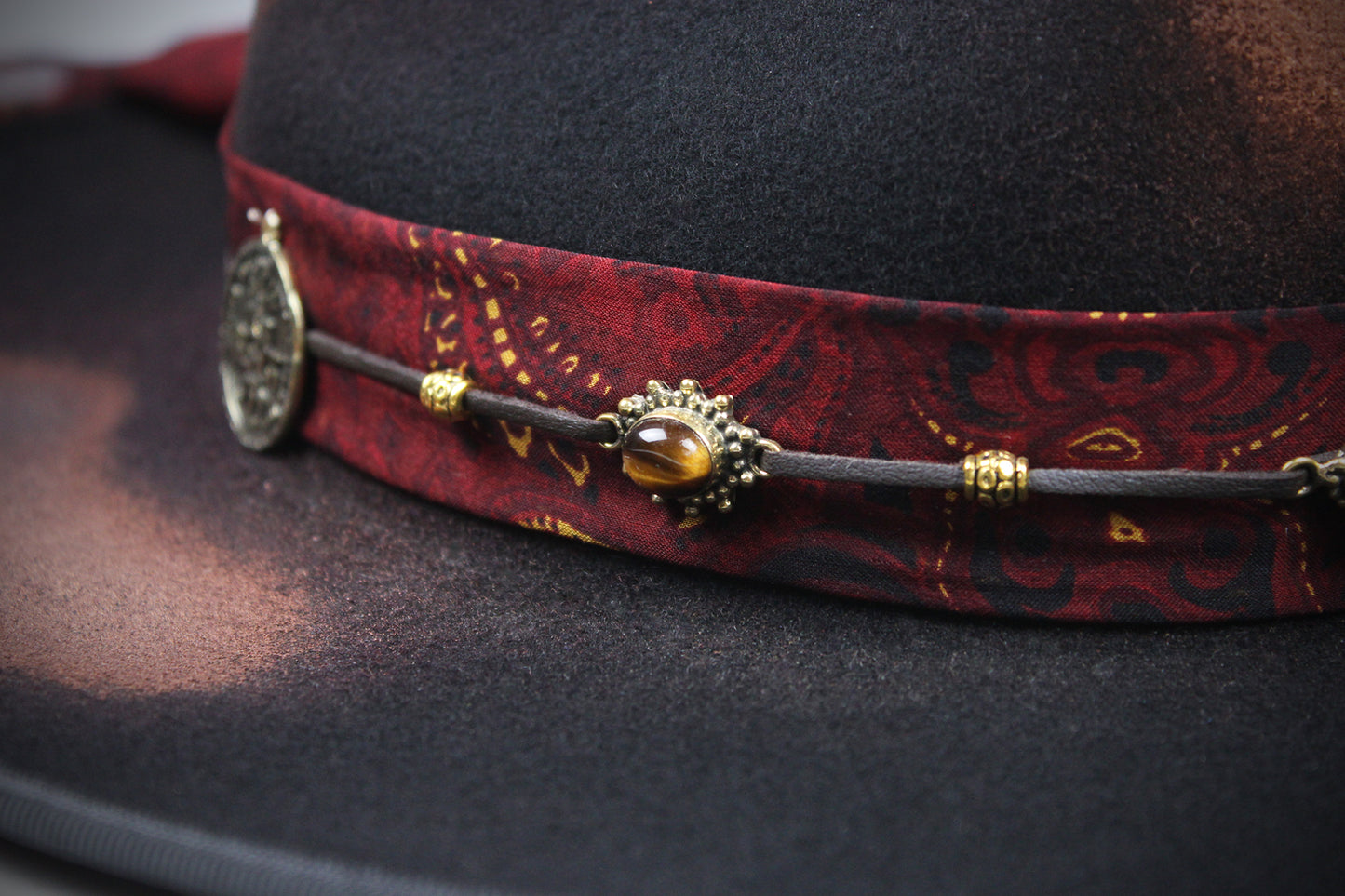 One Off Custom Fedora Hat: Black & Brown with Distressed Effect Wool Felt with gold detailing & paisley silk hat band size Small 55cm