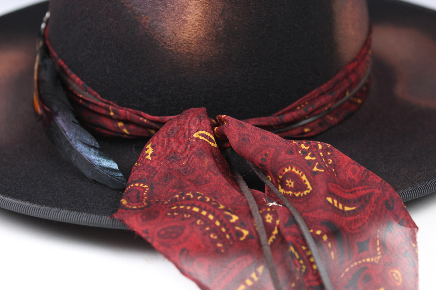 One Off Custom Fedora Hat: Black & Brown with Distressed Effect Wool Felt with gold detailing & paisley silk hat band size Small 55cm