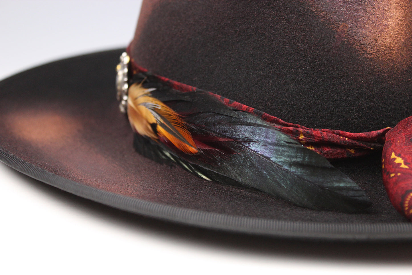 One Off Custom Fedora Hat: Black & Brown with Distressed Effect Wool Felt with gold detailing & paisley silk hat band size Small 55cm