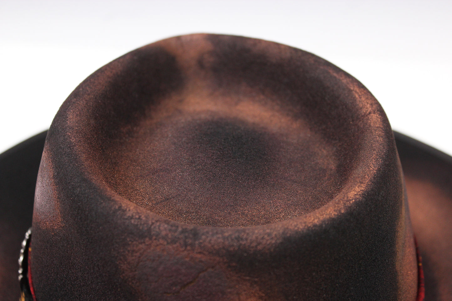One Off Custom Fedora Hat: Black & Brown with Distressed Effect Wool Felt with gold detailing & paisley silk hat band size Small 55cm