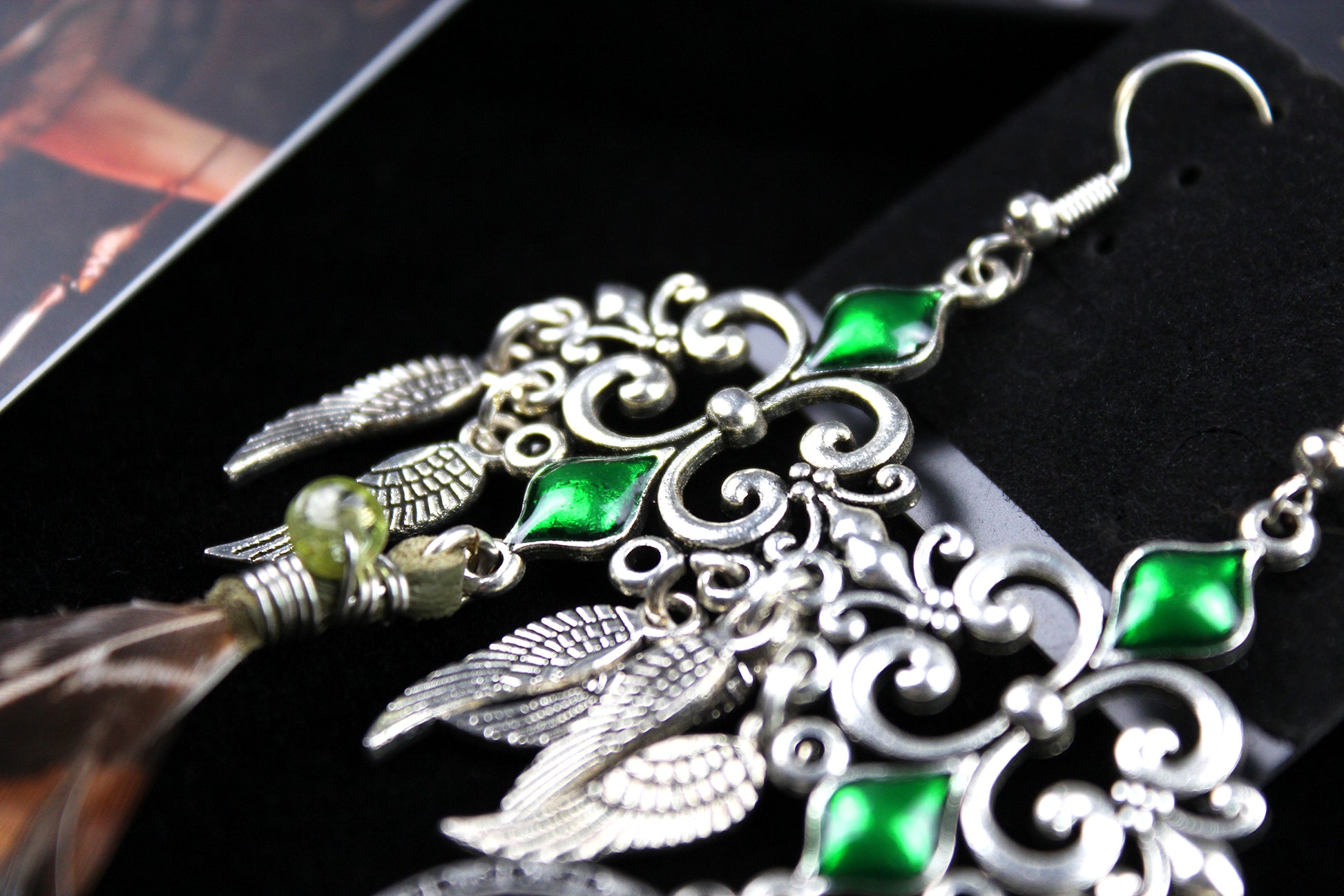 Emerald Forest Feather Earrings : Bohemian Style Feather Earrings With A Filigree Design