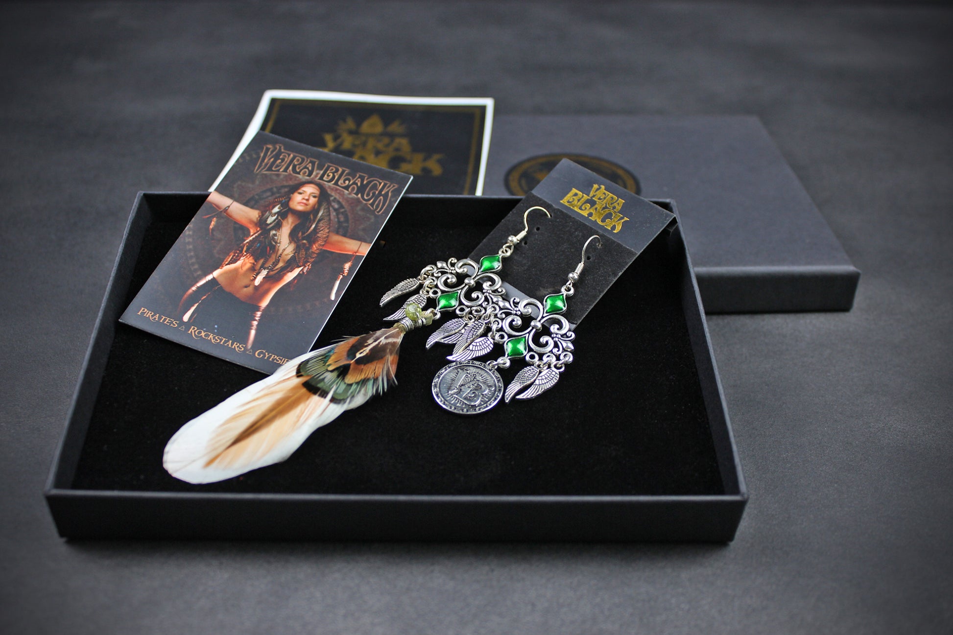 Emerald Forest Feather Earrings : Bohemian Style Feather Earrings With A Filigree Design