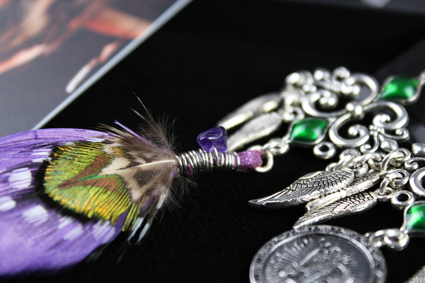 Purple Haze Feather Earrings - Silver & Purple Filigree Asymmetrical Purple Feather Earrings