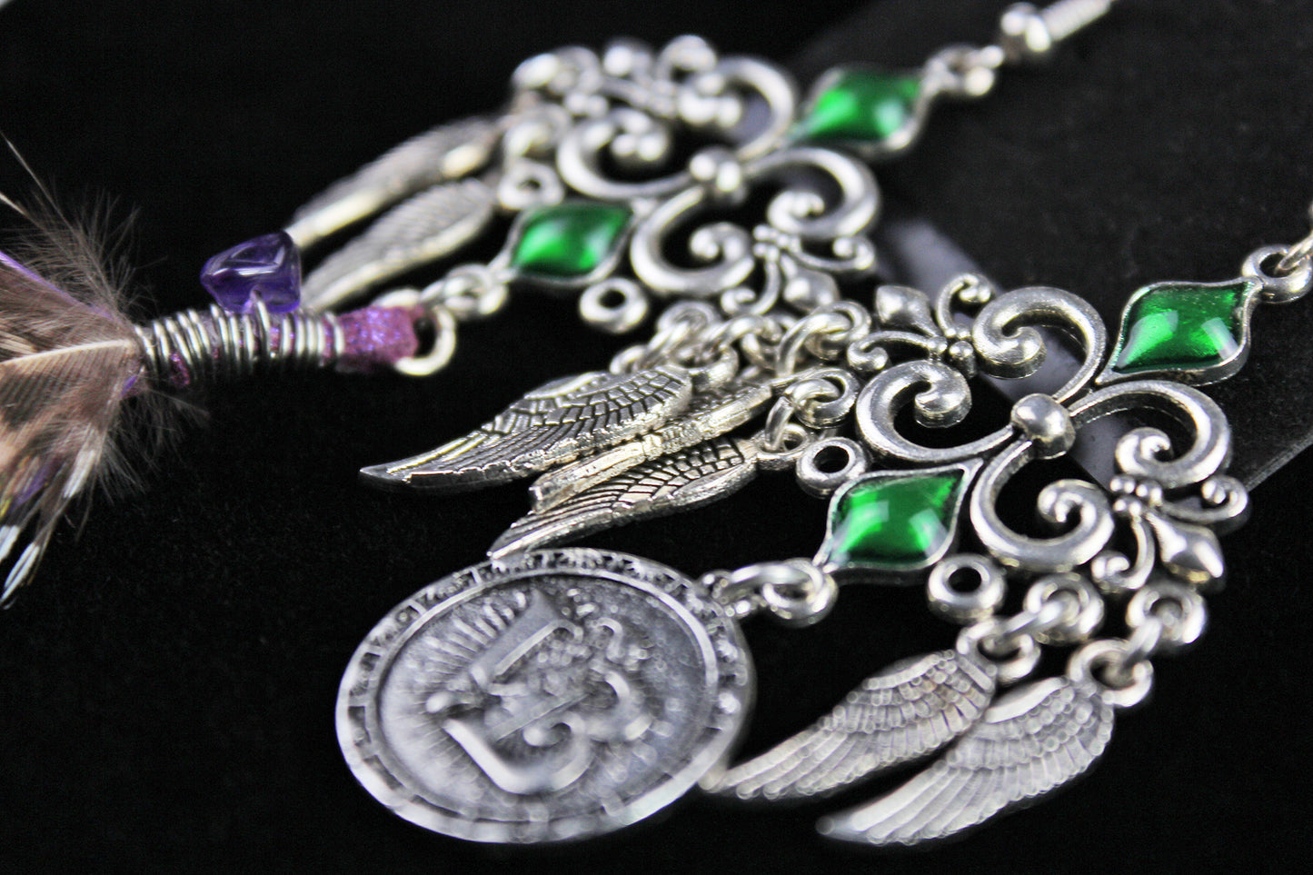 Purple Haze Feather Earrings - Silver & Purple Filigree Asymmetrical Purple Feather Earrings