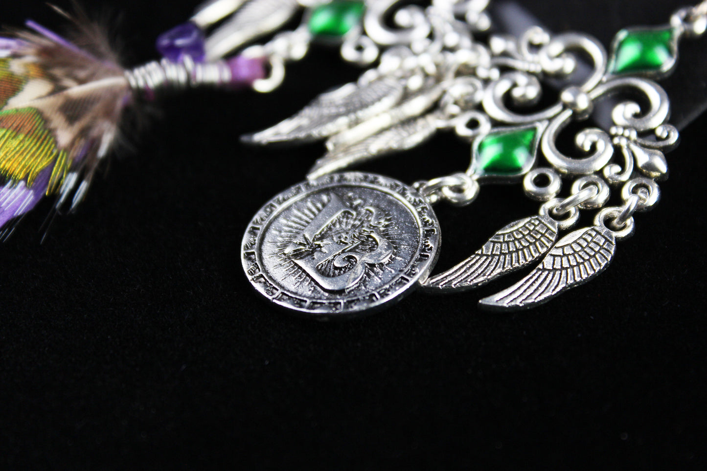 Purple Haze Feather Earrings - Silver & Purple Filigree Asymmetrical Purple Feather Earrings