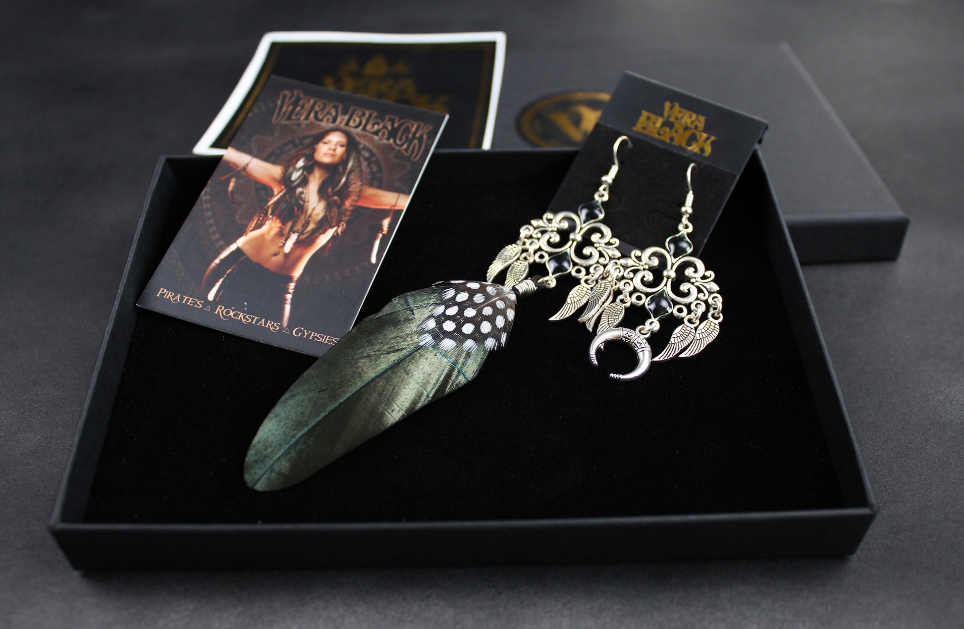 Black Smoke Feather Earrings - Black & Silver Filigree Asymmetrical Feather Earrings