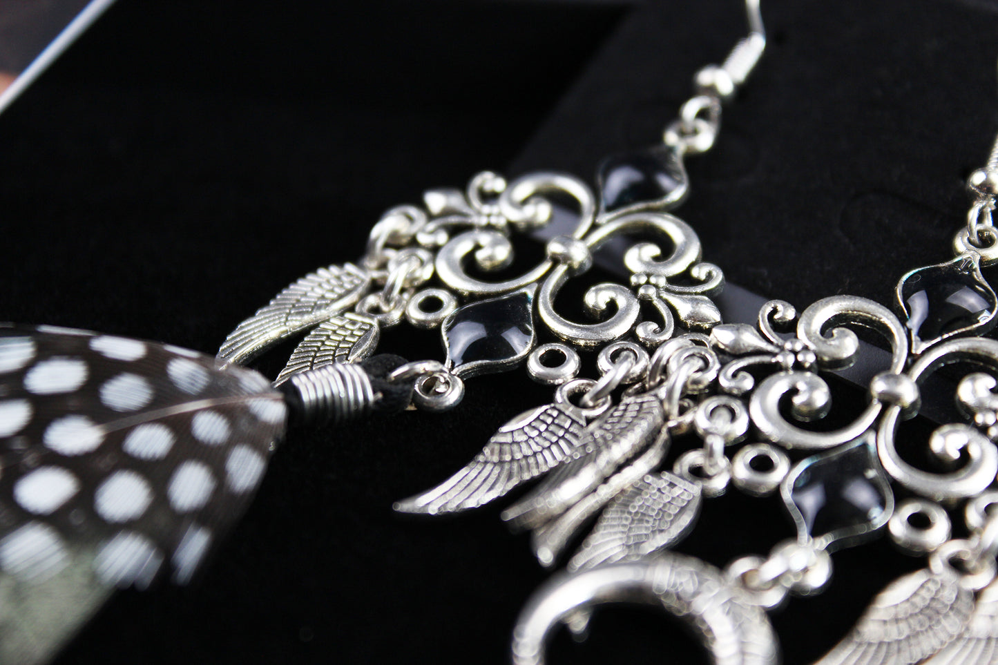 Black Smoke Feather Earrings - Black & Silver Filigree Asymmetrical Feather Earrings