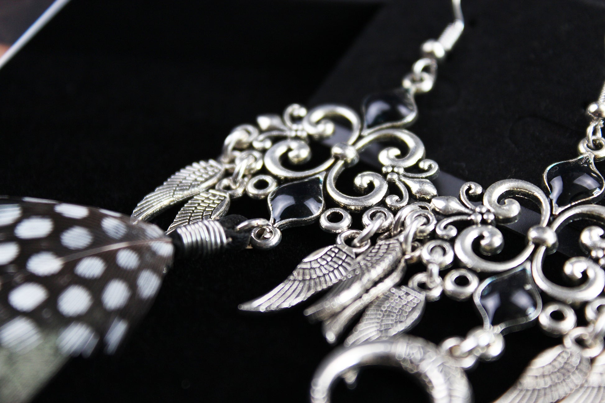 Black Smoke Feather Earrings - Black & Silver Filigree Asymmetrical Feather Earrings