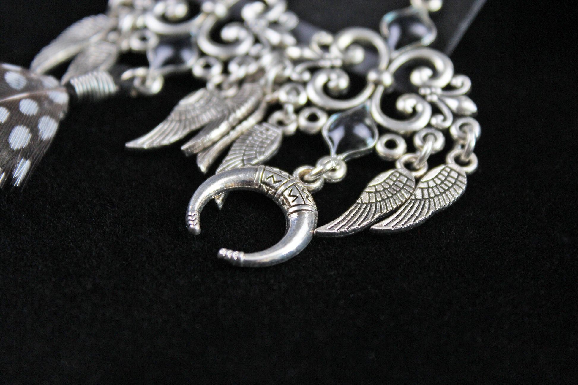Black Smoke Feather Earrings - Black & Silver Filigree Asymmetrical Feather Earrings