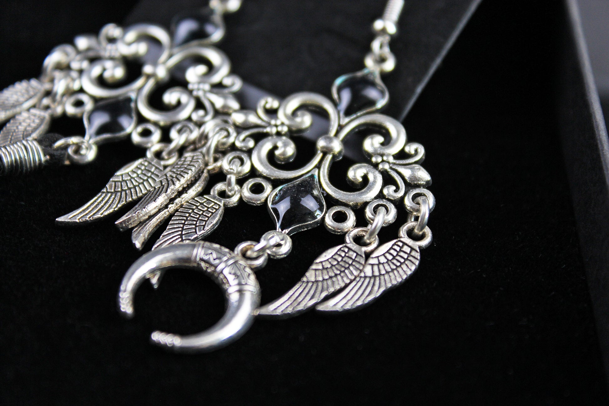 Black Smoke Feather Earrings - Black & Silver Filigree Asymmetrical Feather Earrings
