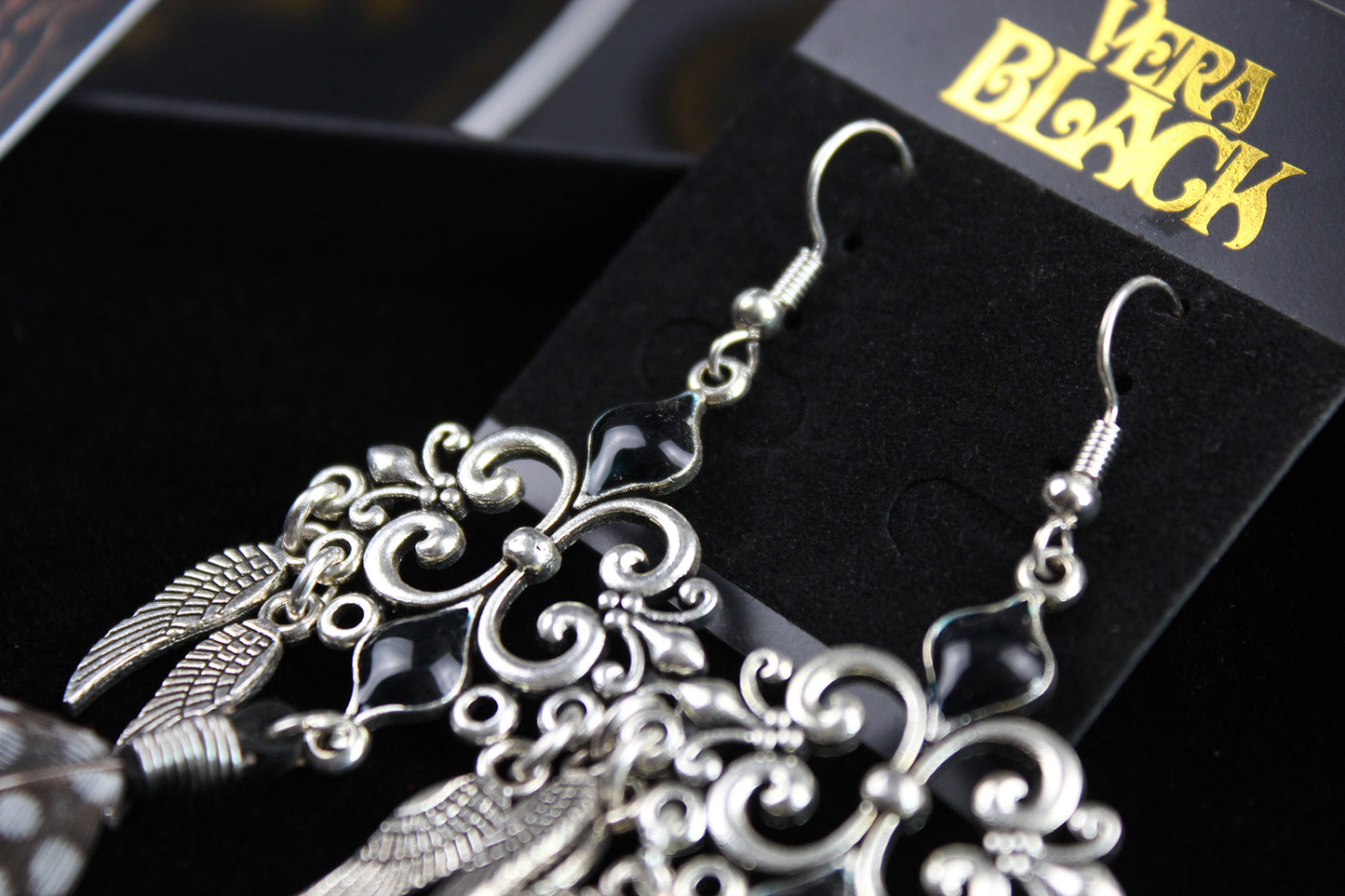 Black Smoke Feather Earrings - Black & Silver Filigree Asymmetrical Feather Earrings